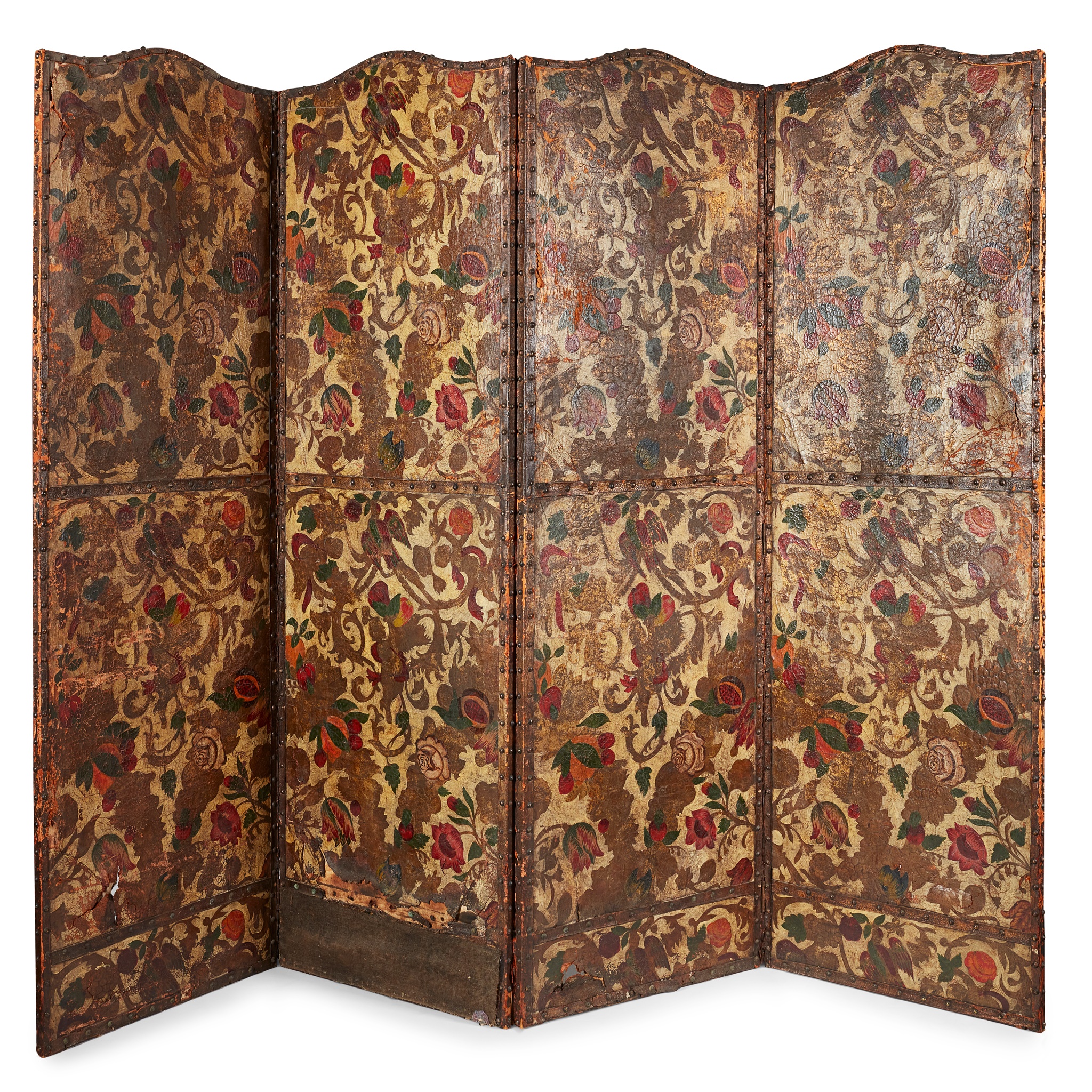 SPANISH PAINTED AND GILDED LEATHER FOUR-FOLD SCREEN