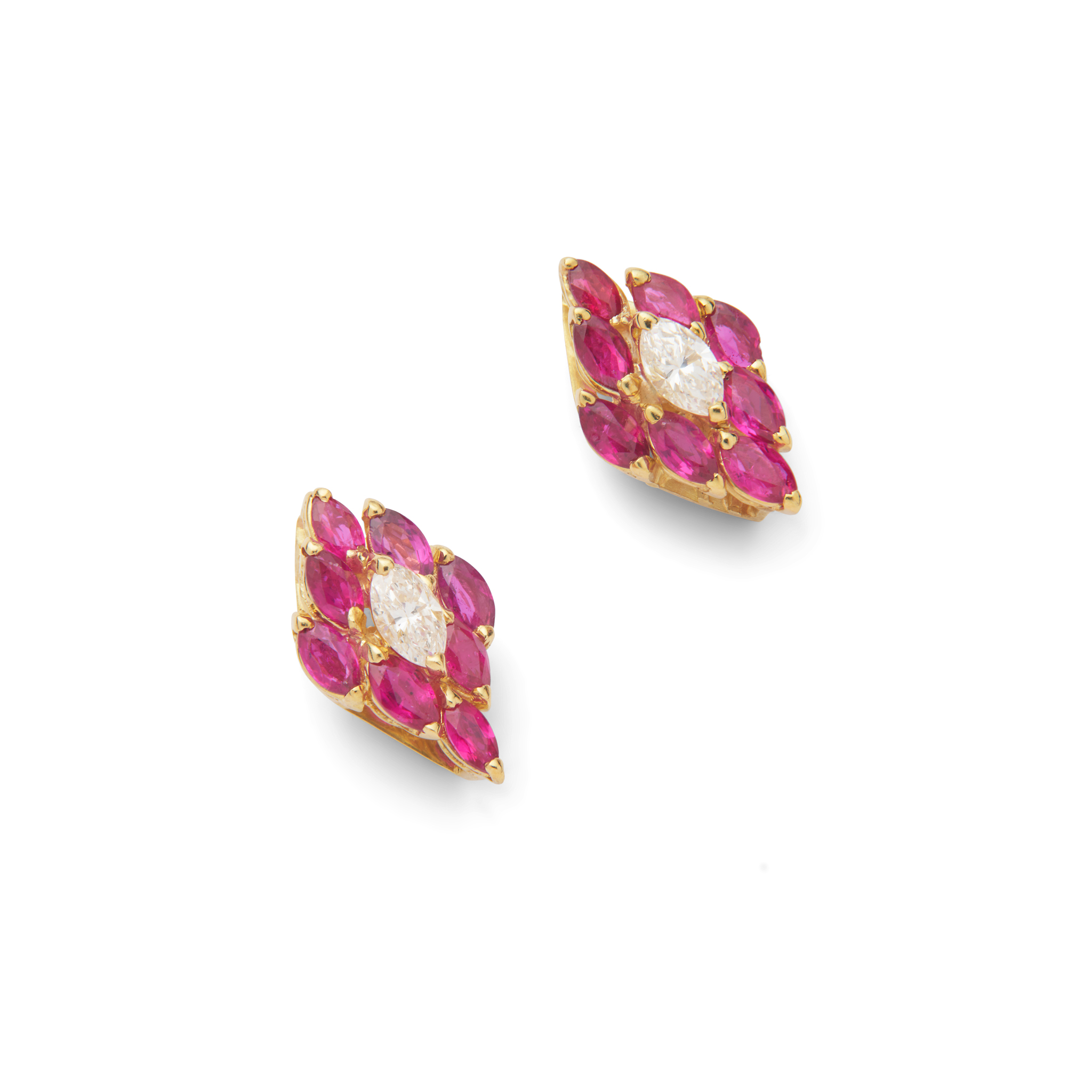 A pair of ruby and diamond cluster earrings
