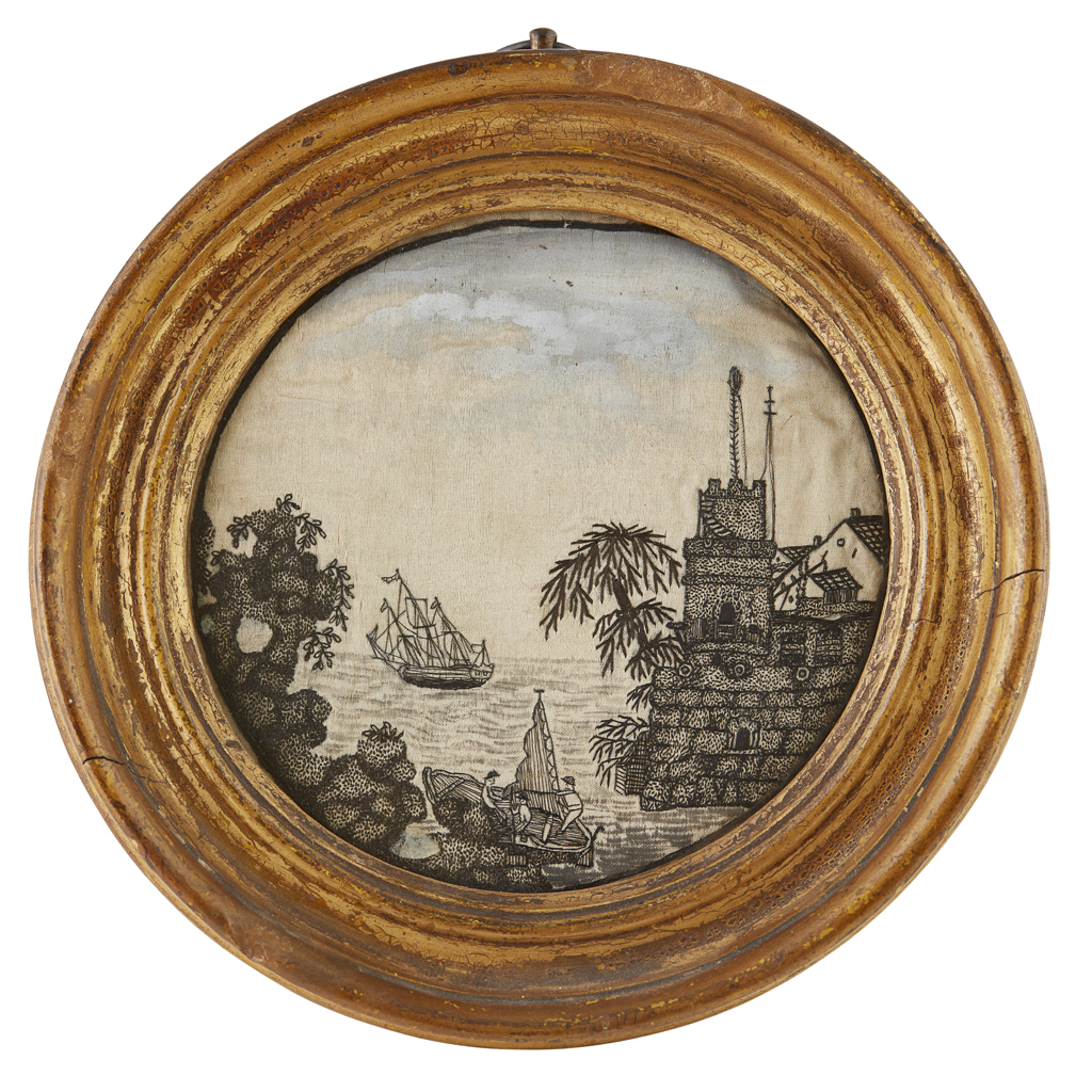 SET OF FOUR GEORGIAN EMBROIDERED SILK ROUNDELS