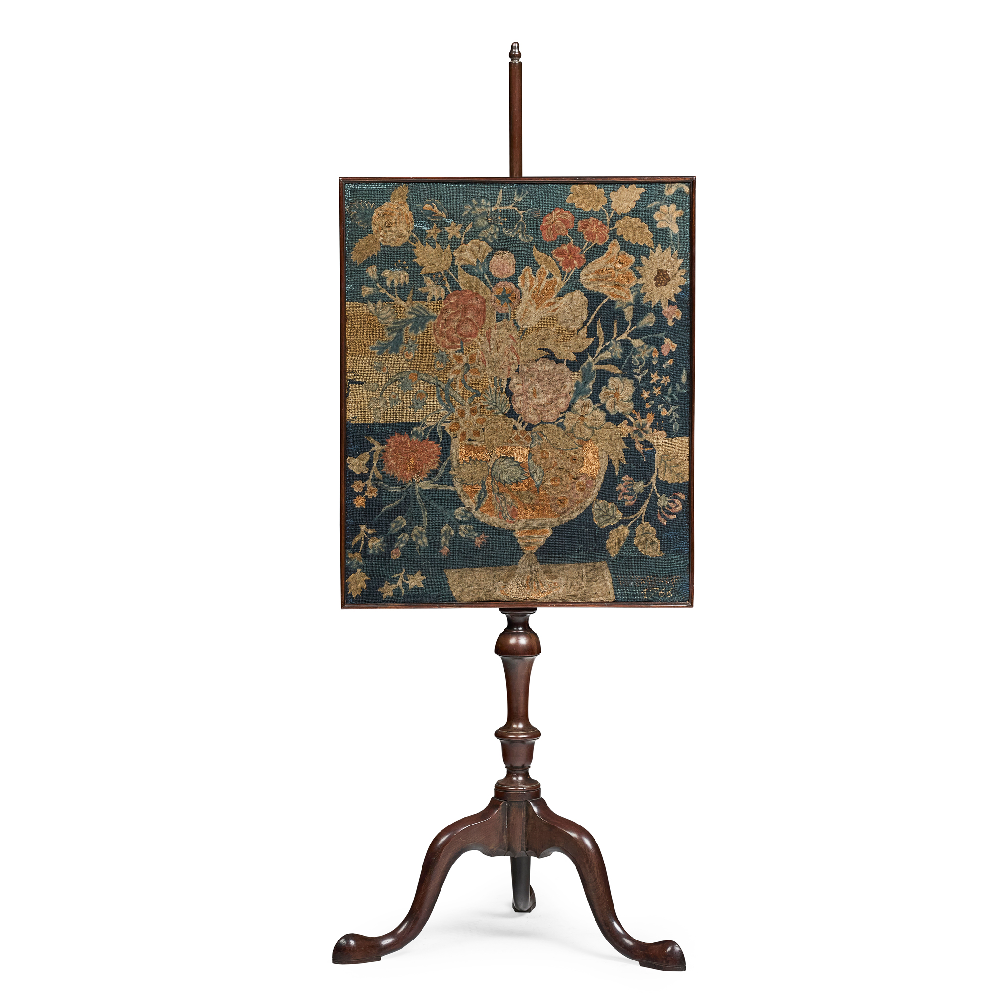 EARLY GEORGE III MAHOGANY AND NEEDLEWORK POLESCREEN