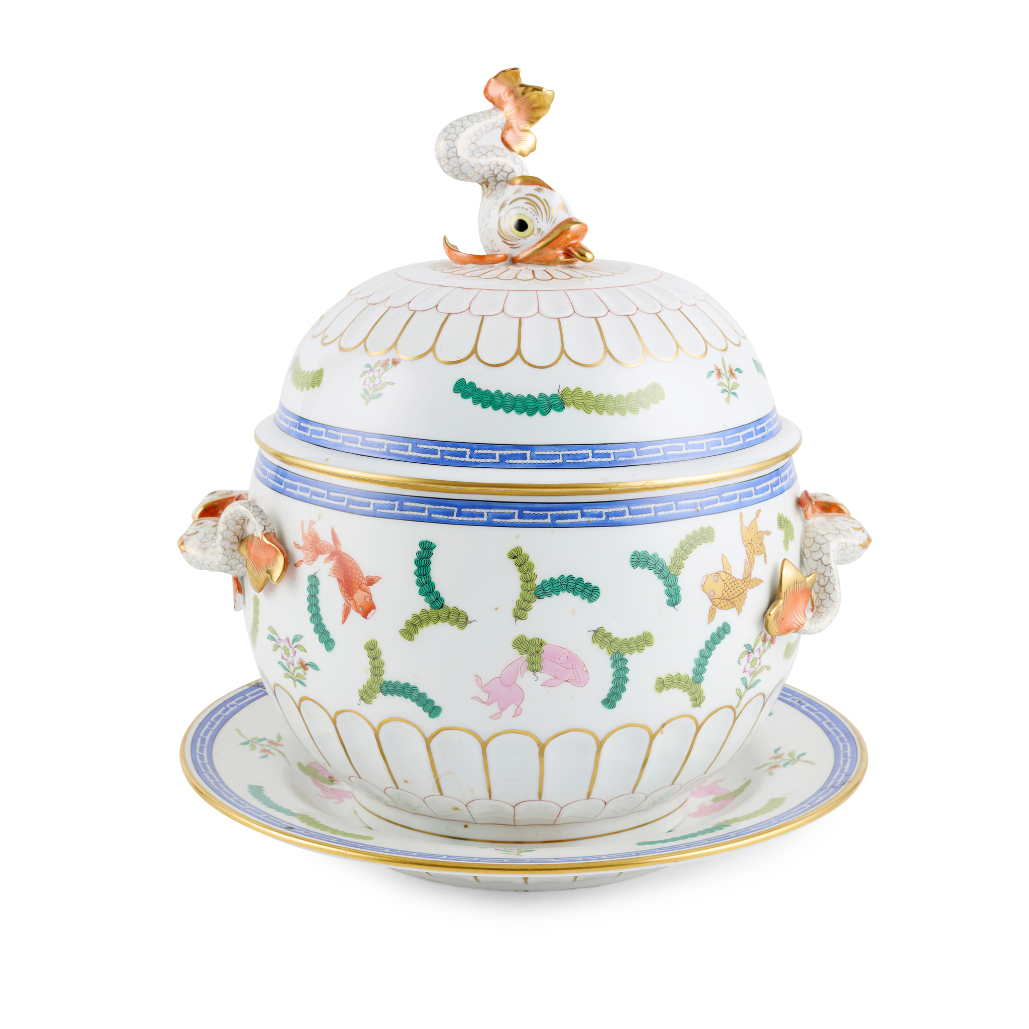 HEREND PORCELAIN FISH TUREEN WITH COVER AND STAND IN THE 'POISSON' PATTERN