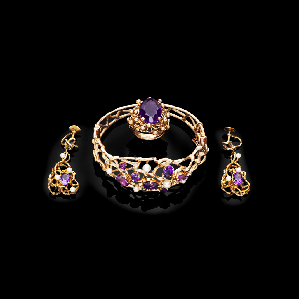 A 1970's 18ct gold amethyst and cultured pearl set suite