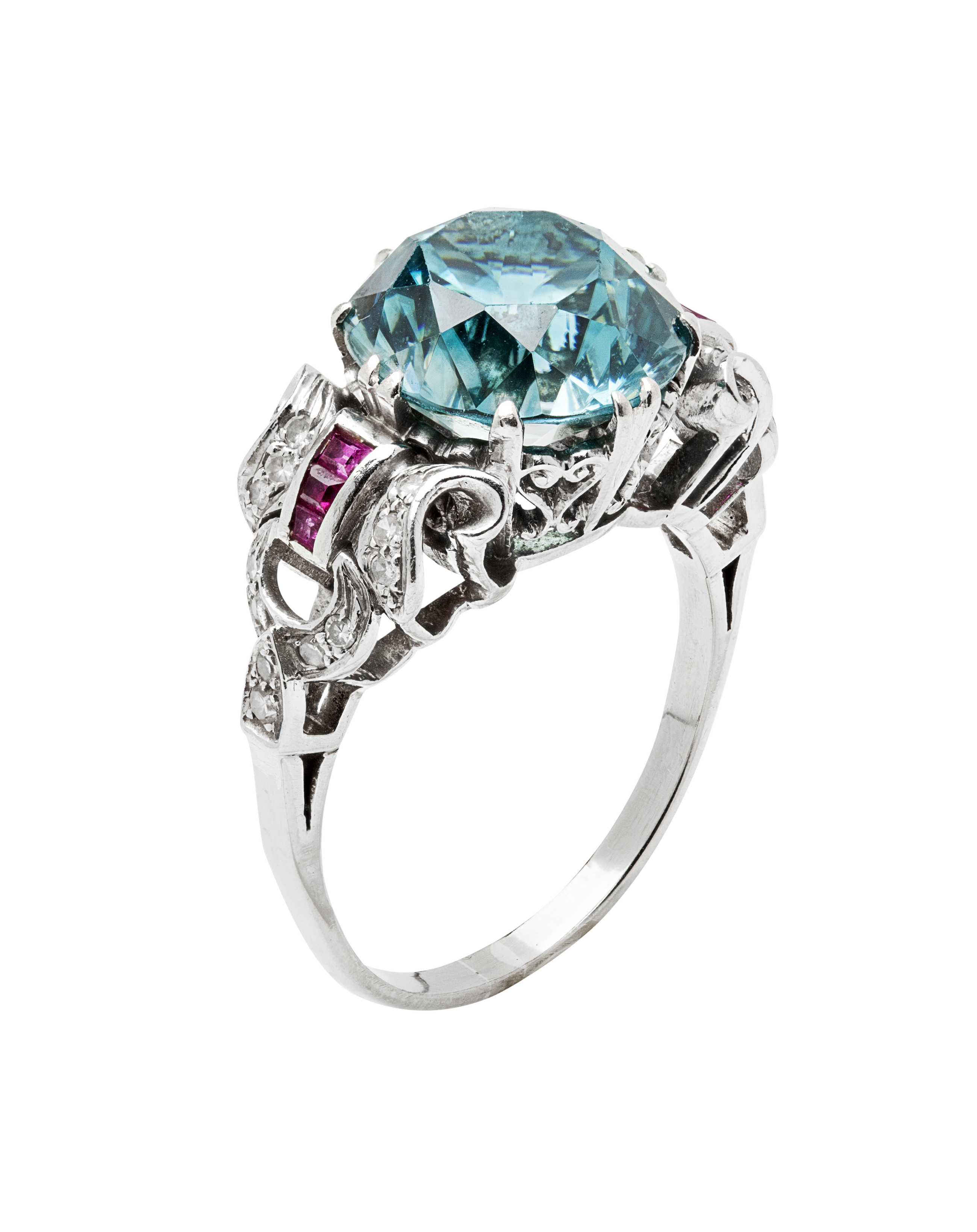 A zircon, diamond and ruby set cocktail ring