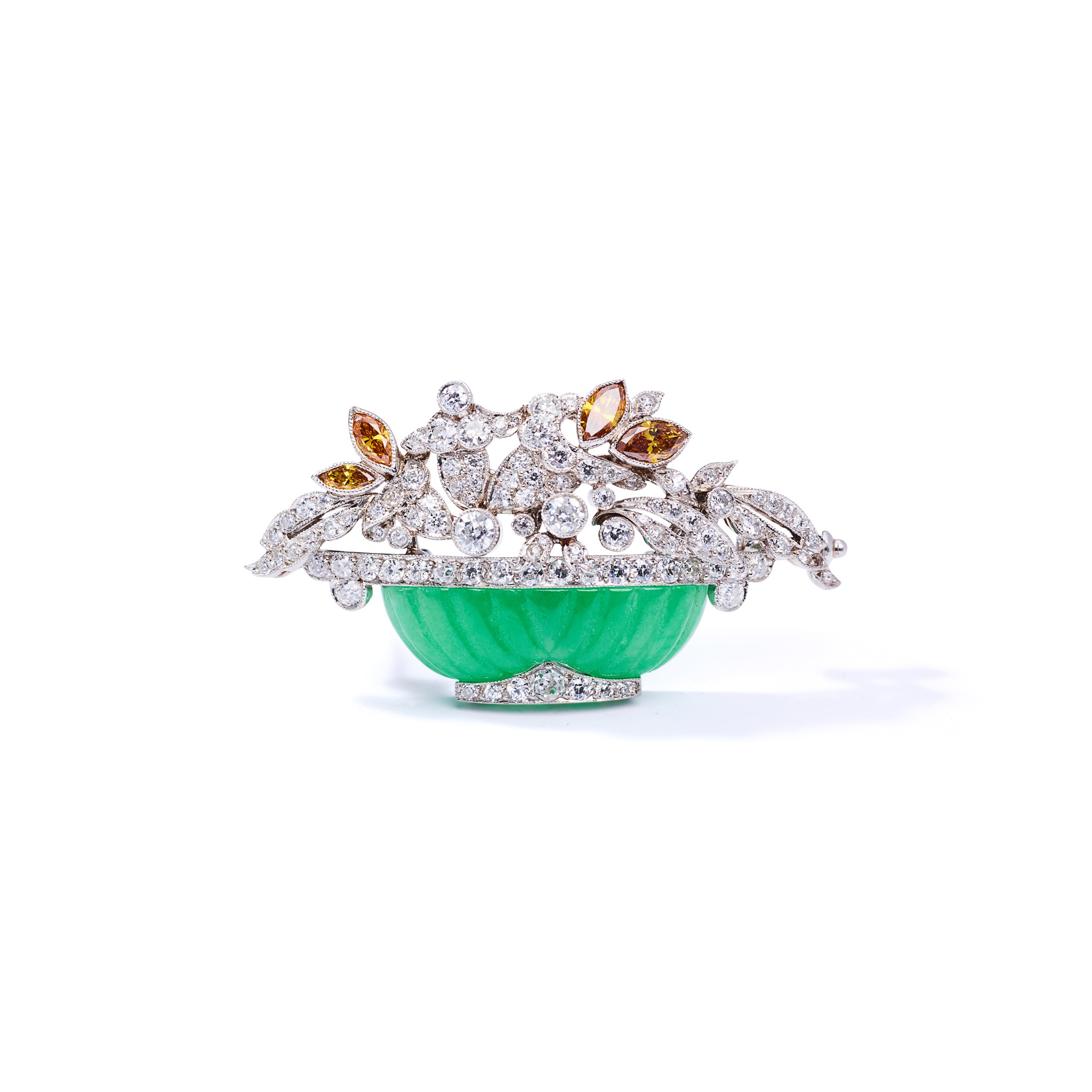 A mid 20th century jadeite jade and diamond giardinetto brooch