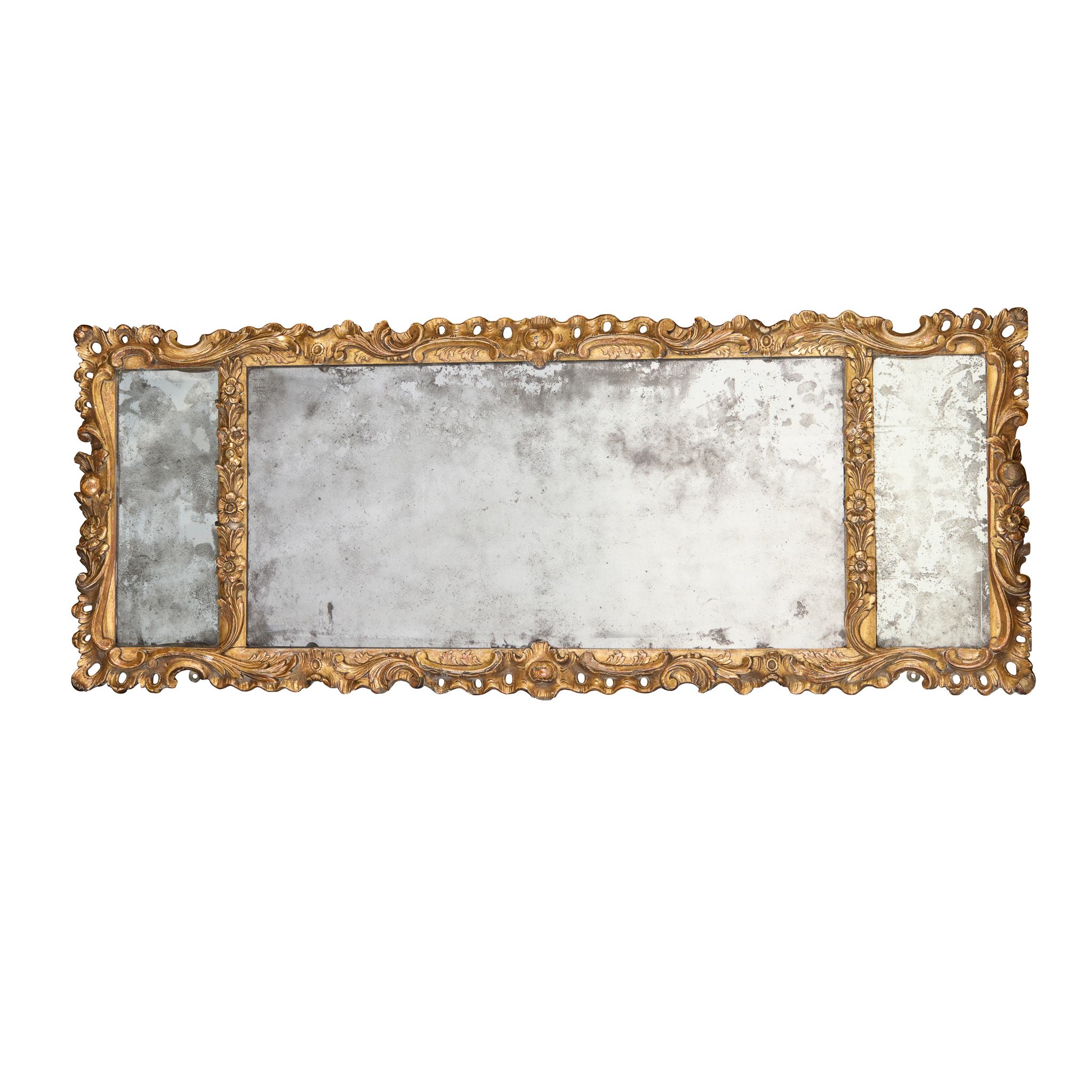 EARLY GEORGE III CARVED GILTWOOD TRIPLE PLATE OVERMANTEL MIRROR
