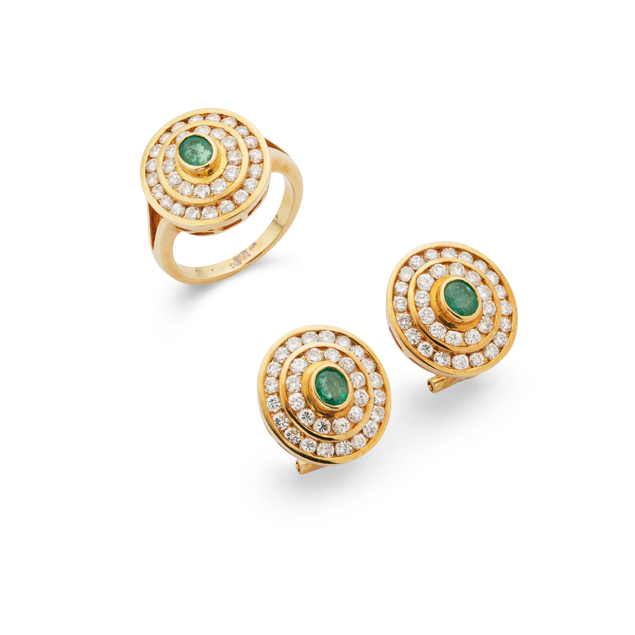 A pair of emerald and diamond earrings and ring suite