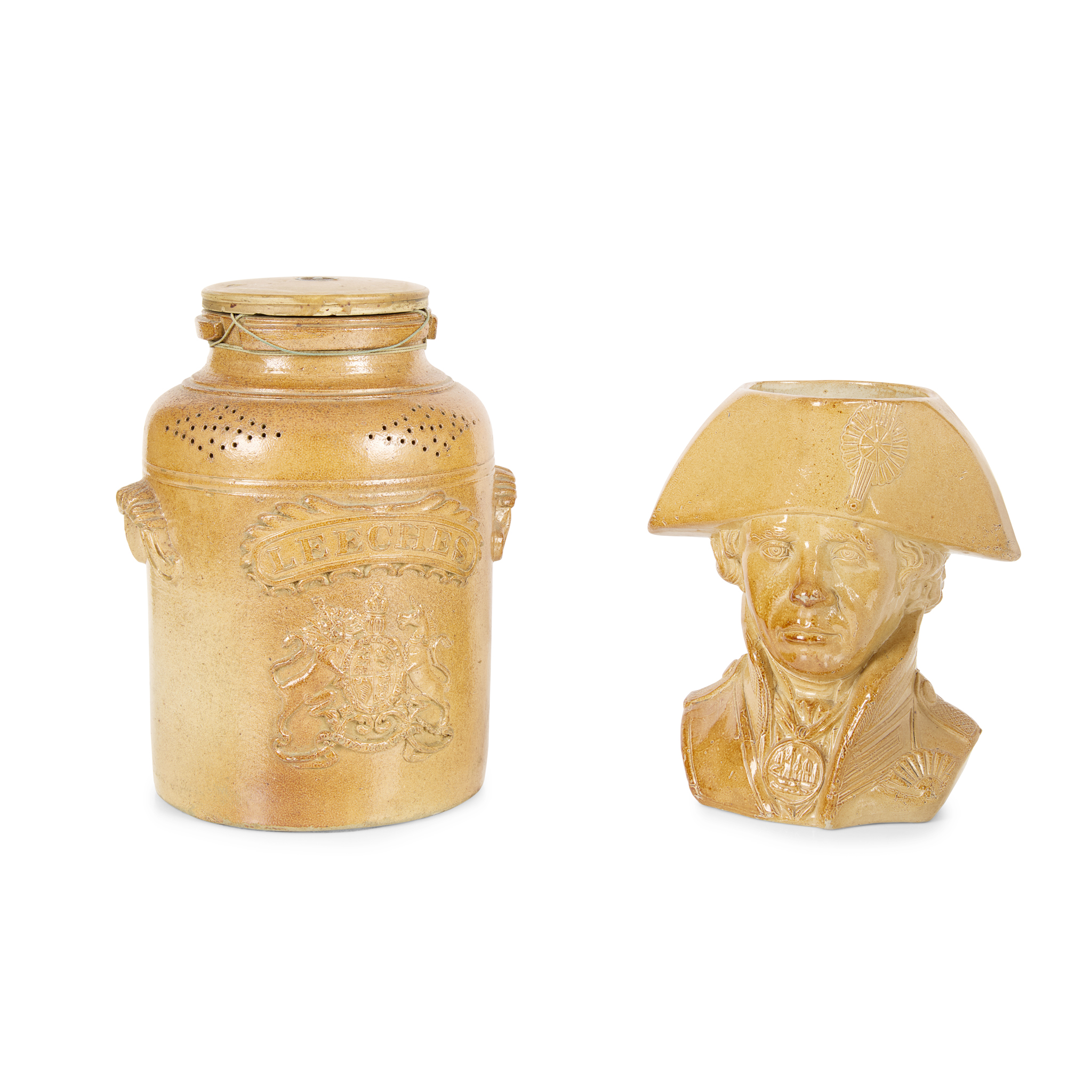 DOULTON AND WATTS SALTGLAZED STONEWARE LEECHES JAR AND A NELSON JUG