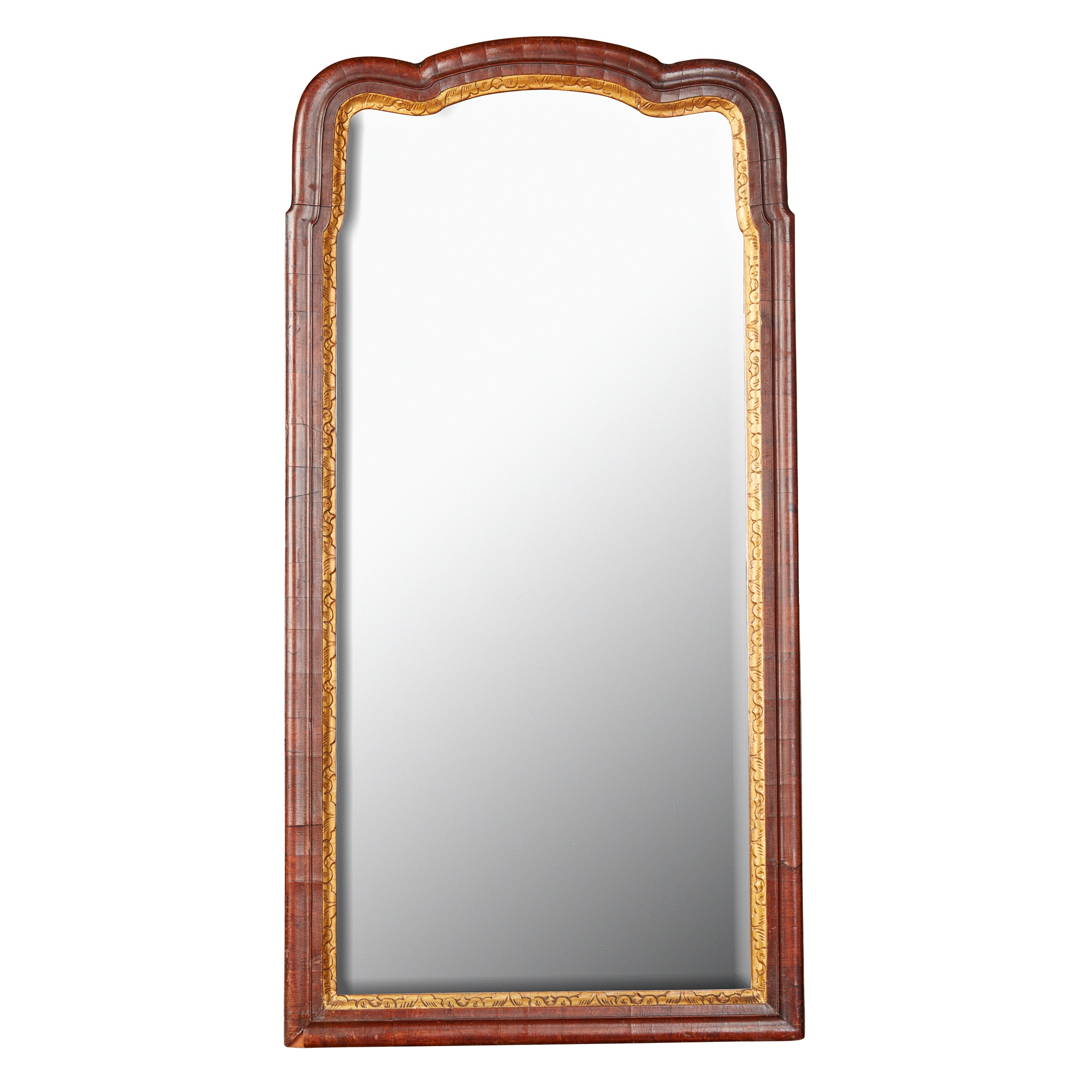 GEORGE I WALNUT AND PARCEL-GILT MIRROR