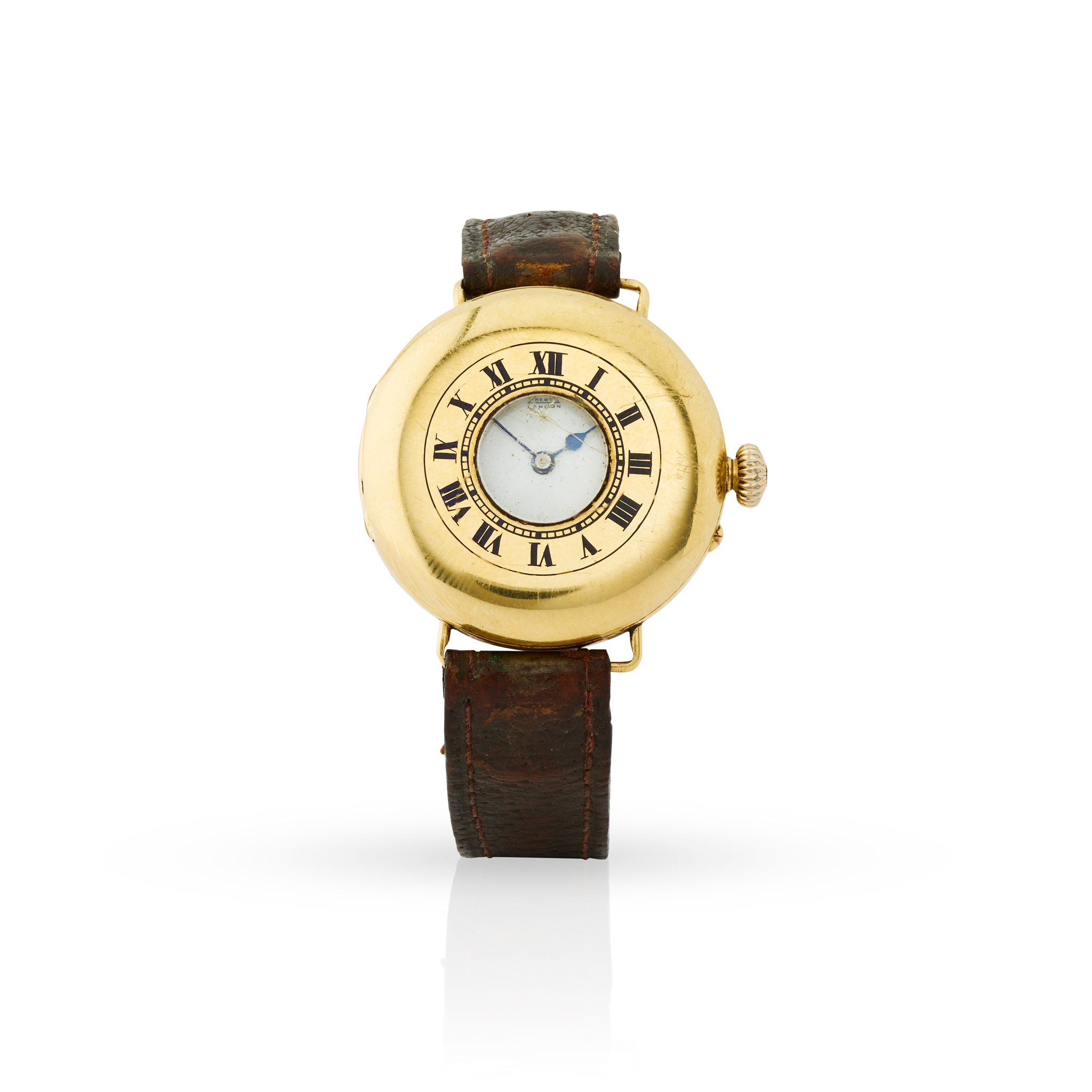 Dent, London. A fine and very unusual antique 18k yellow gold half-hunter cased wristwatch