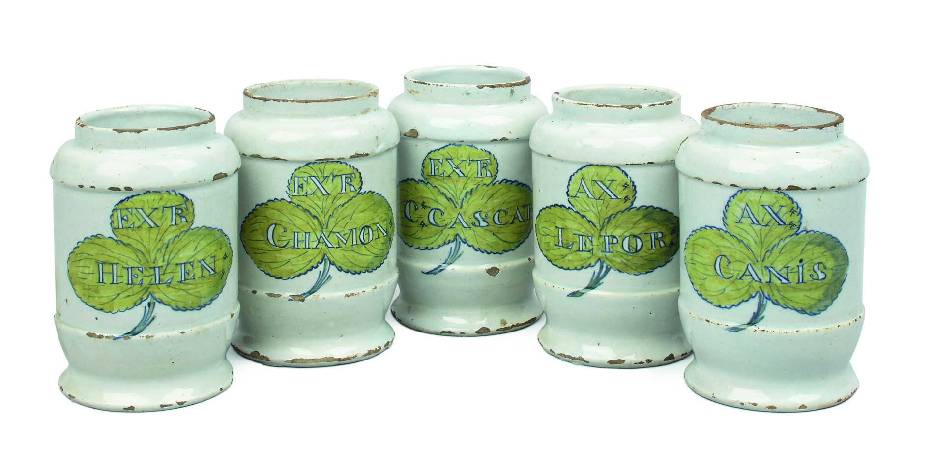 SET OF FIVE SMALL DELFT POLYCHROME DRUG JARS, DE VERGULDE BLOMPOT