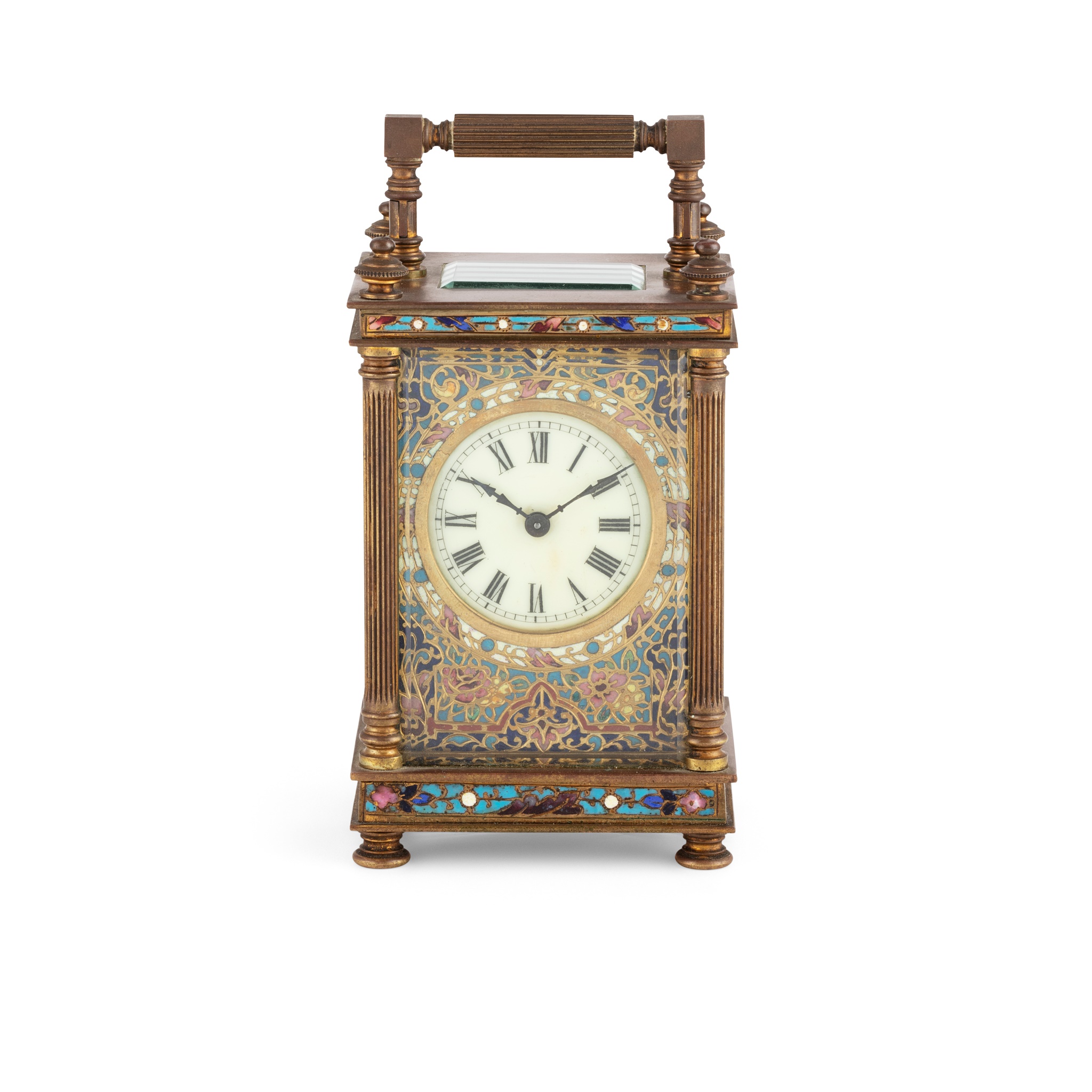 FRENCH CHAMPLEVÉ ENAMEL AND BRASS CARRIAGE CLOCK
