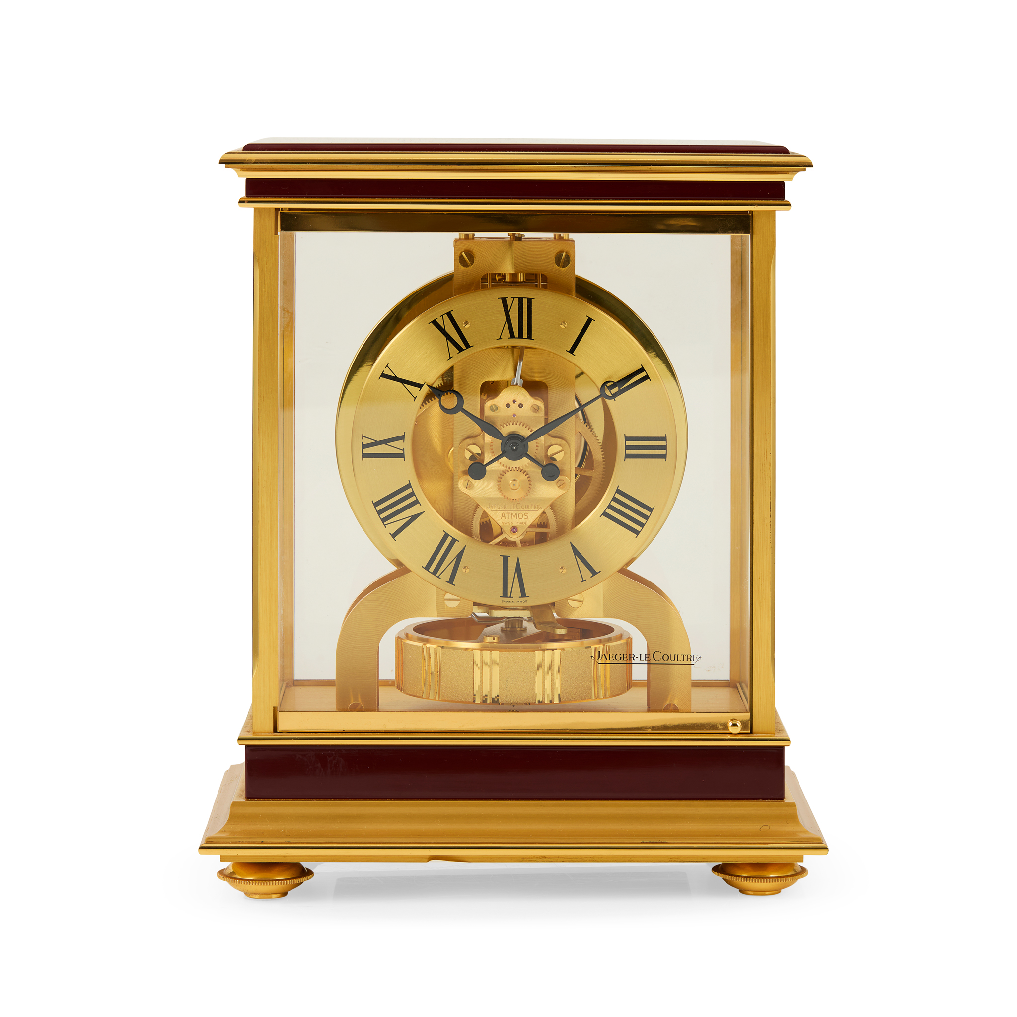 SWISS GILT BRASS AND RED ENAMEL 'ATMOS ROYALE' CLOCK, BY JAEGER LE COULTRE, GENEVA