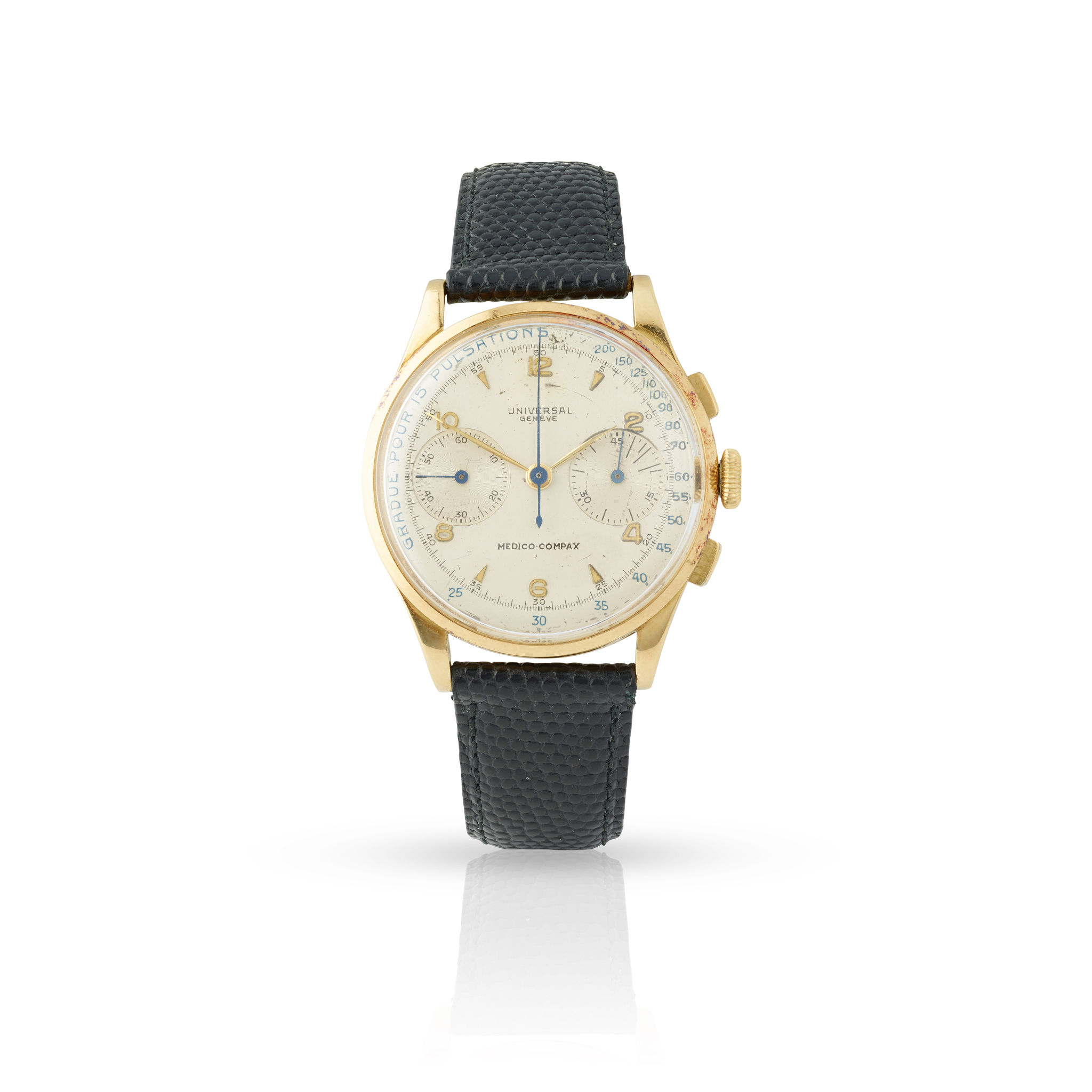 Universal, Geneve. A rare 18k yellow gold chronograph wristwatch with pulsations scale