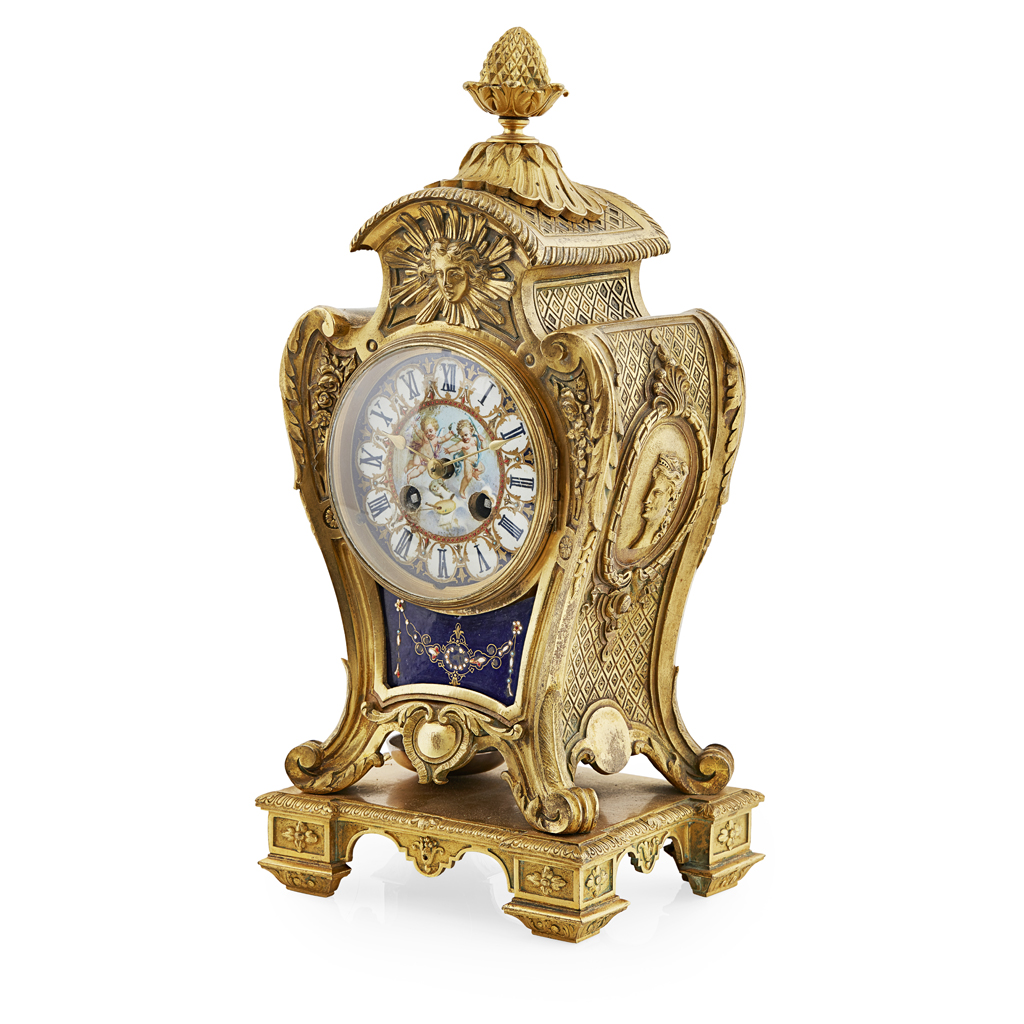 FRENCH PORCELAIN MOUNTED ORMOLU MANTEL CLOCK