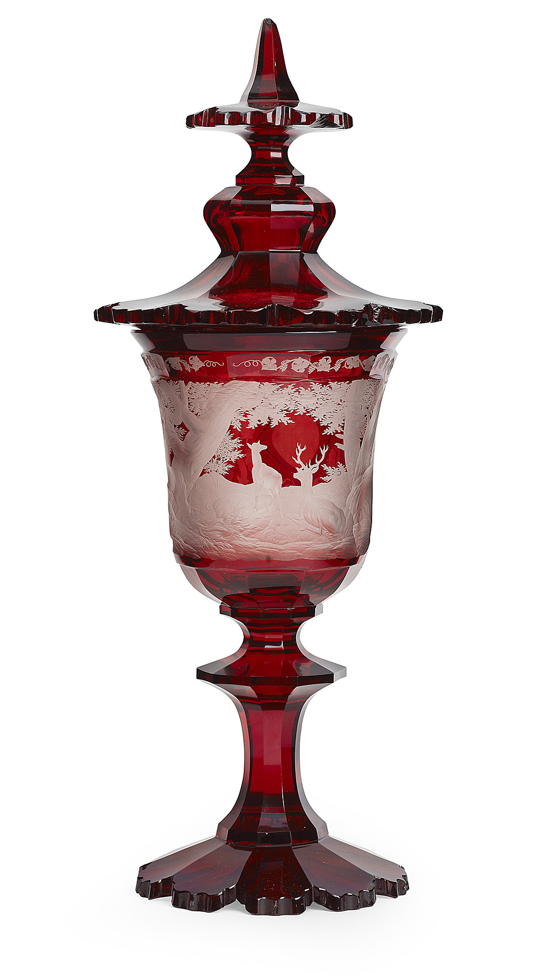 BOHEMIAN RUBY FLASHED GLASS VASE AND COVER