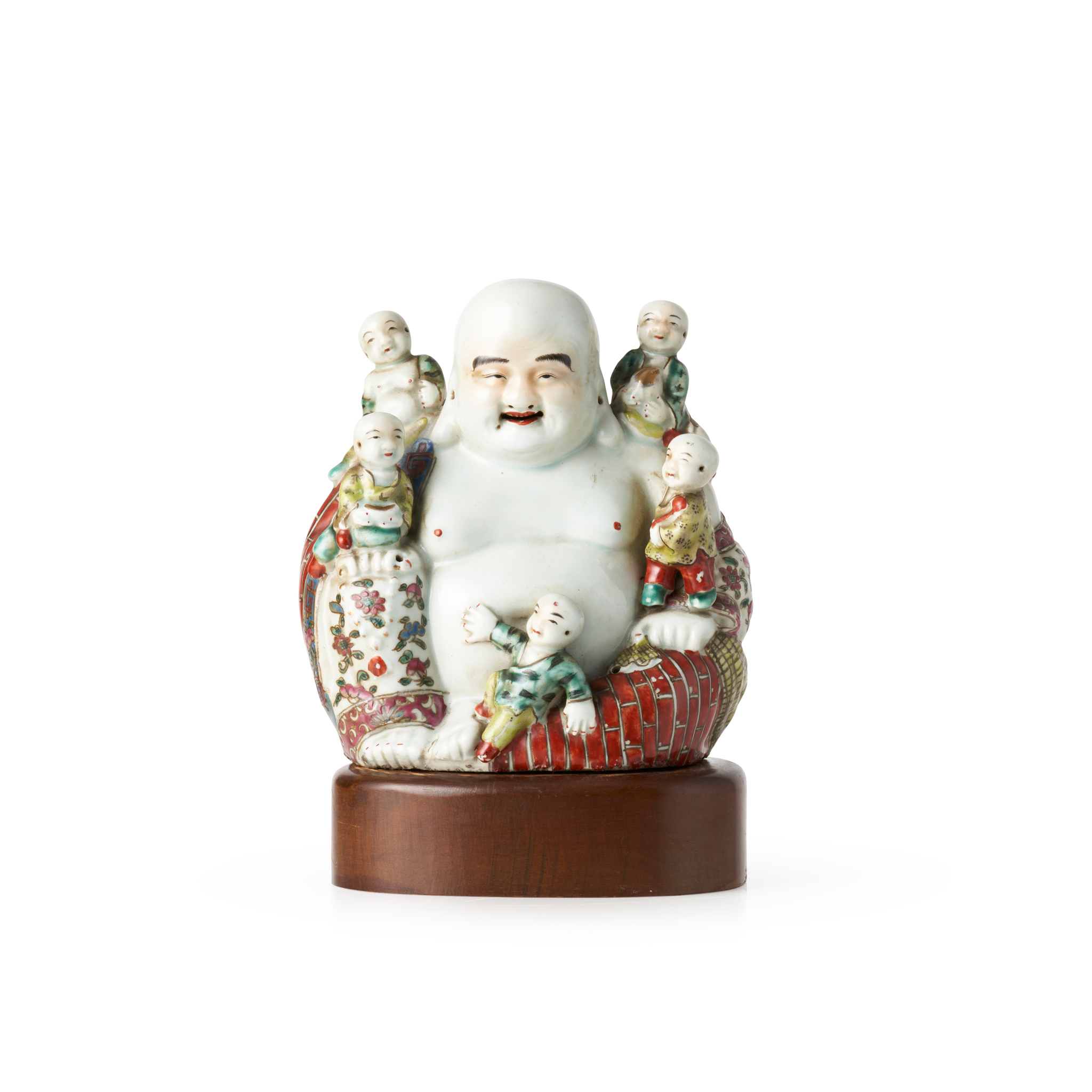 FAMILLE ROSE FIGURE OF BUDAI BUDDHA WITH BOYS