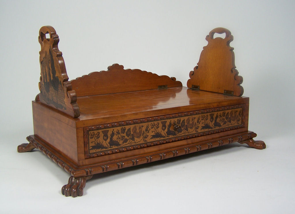 A 19th century tunbridgeware satinwood bookrack By Edmund Nye of Tunbridge Wells