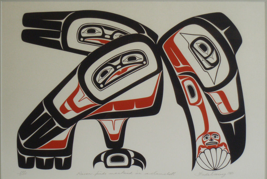 A North West Coast British Colombia Haida print 'Raven finds Mankind in a Clamshell' By Freda Diesing
