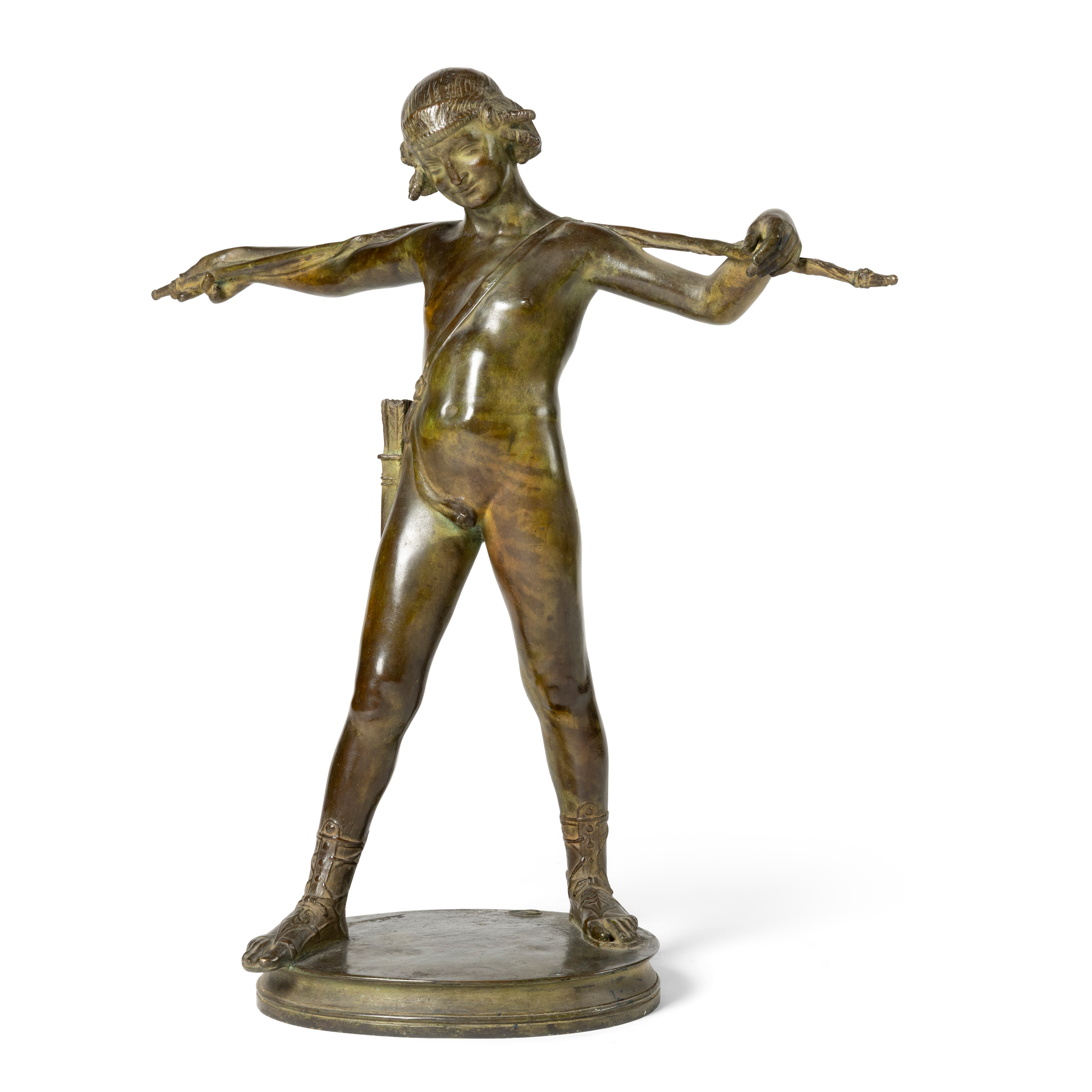 A BRONZE FIGURE OF A YOUTH WITH HIS BOW ACROSS HIS SHOULDER, FRANCOIS ANDRE CLEMINCIN (FRENCH 1878-1950)