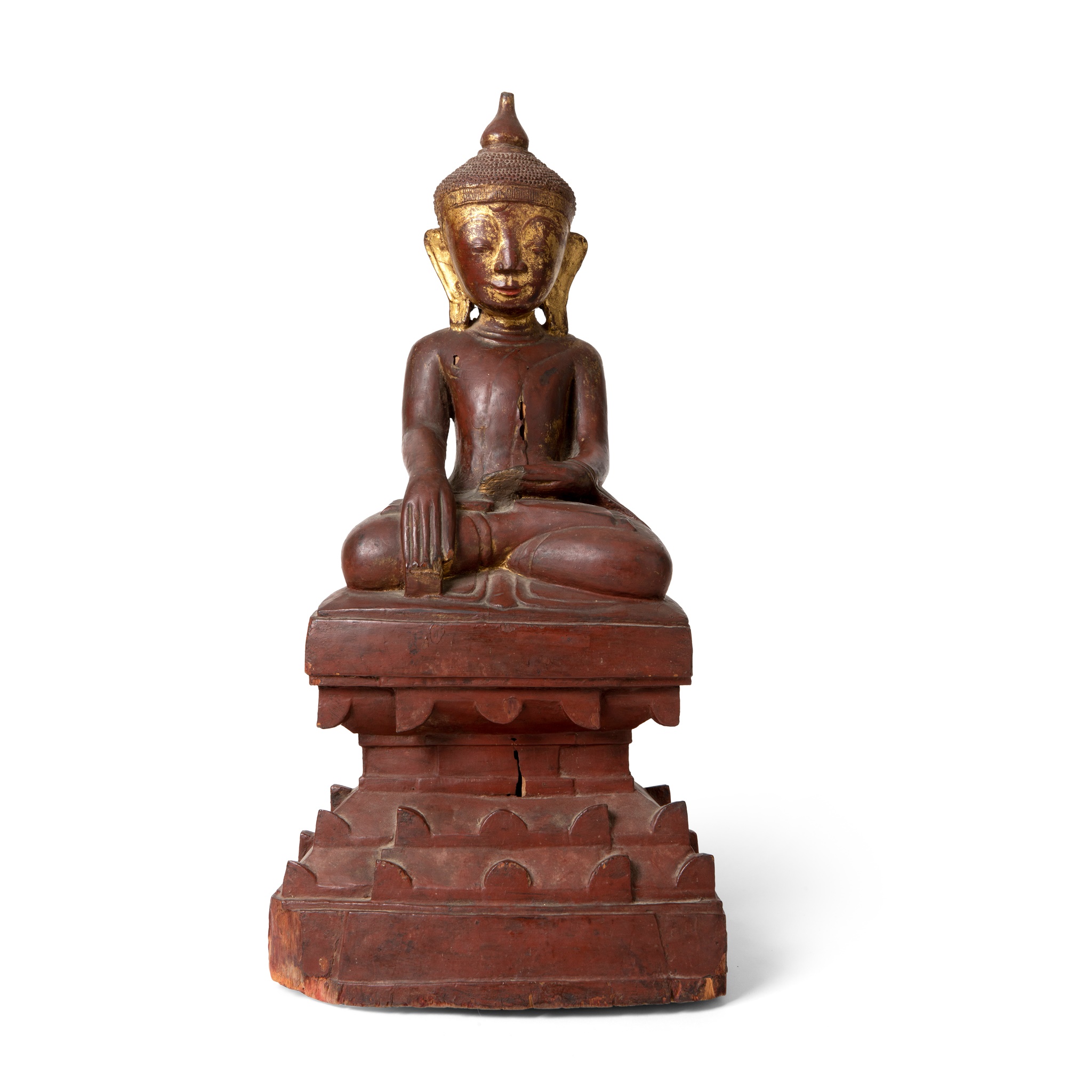 GILT AND RED-LACQUERED WOOD FIGURE OF BUDDHA SHAKYAMUNI