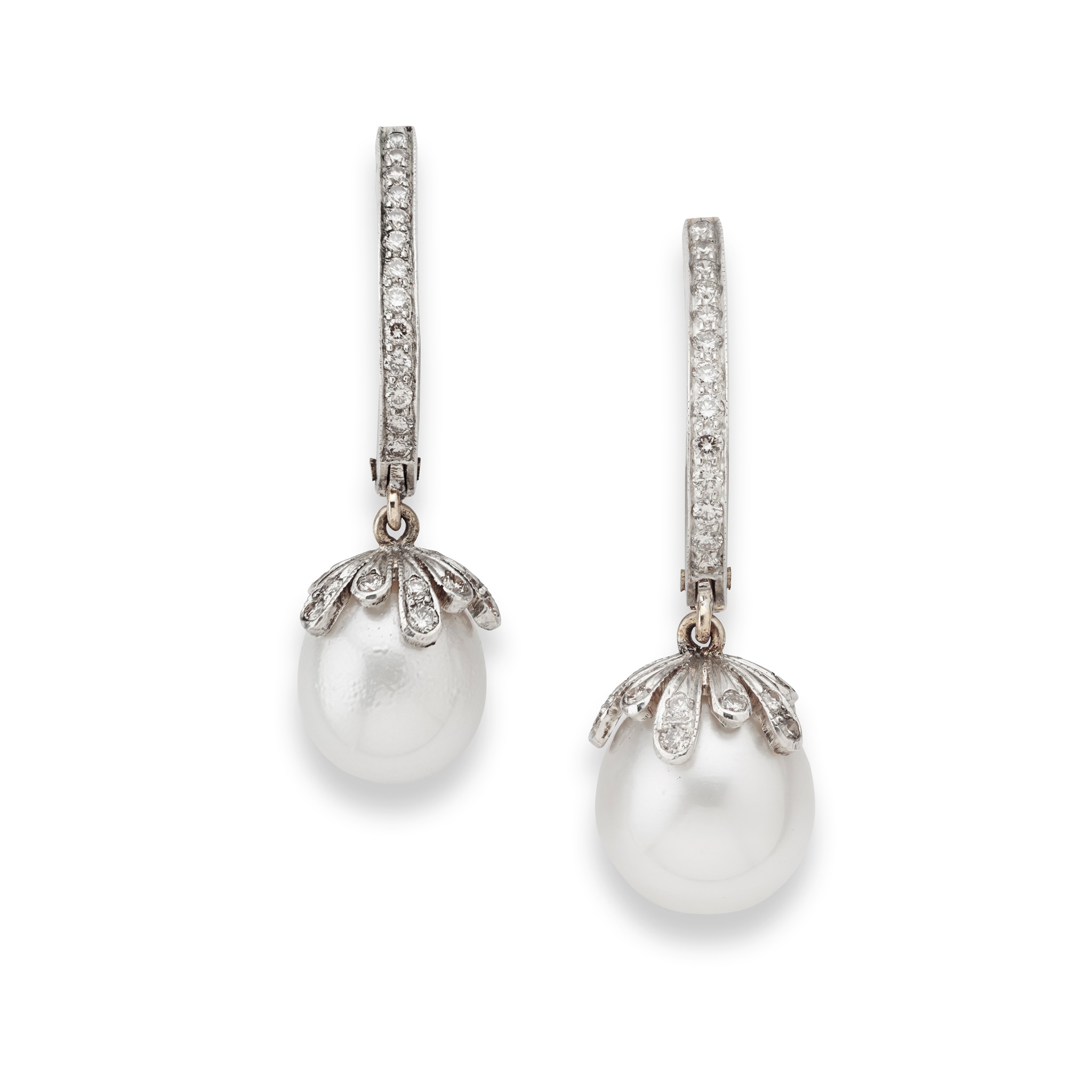 A pair of cultured pearl and diamond earrings