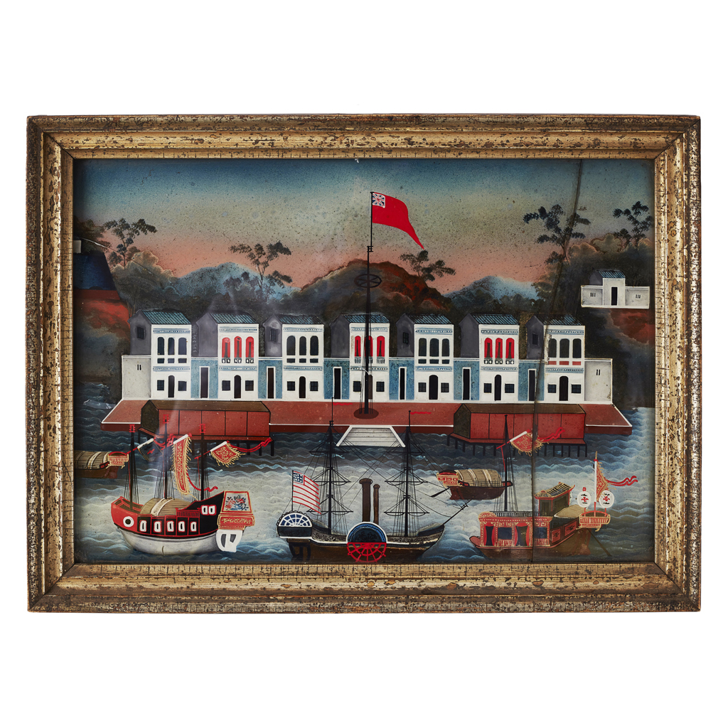 REVERSE GLASS PAINTING OF THE HONGS AT CANTON