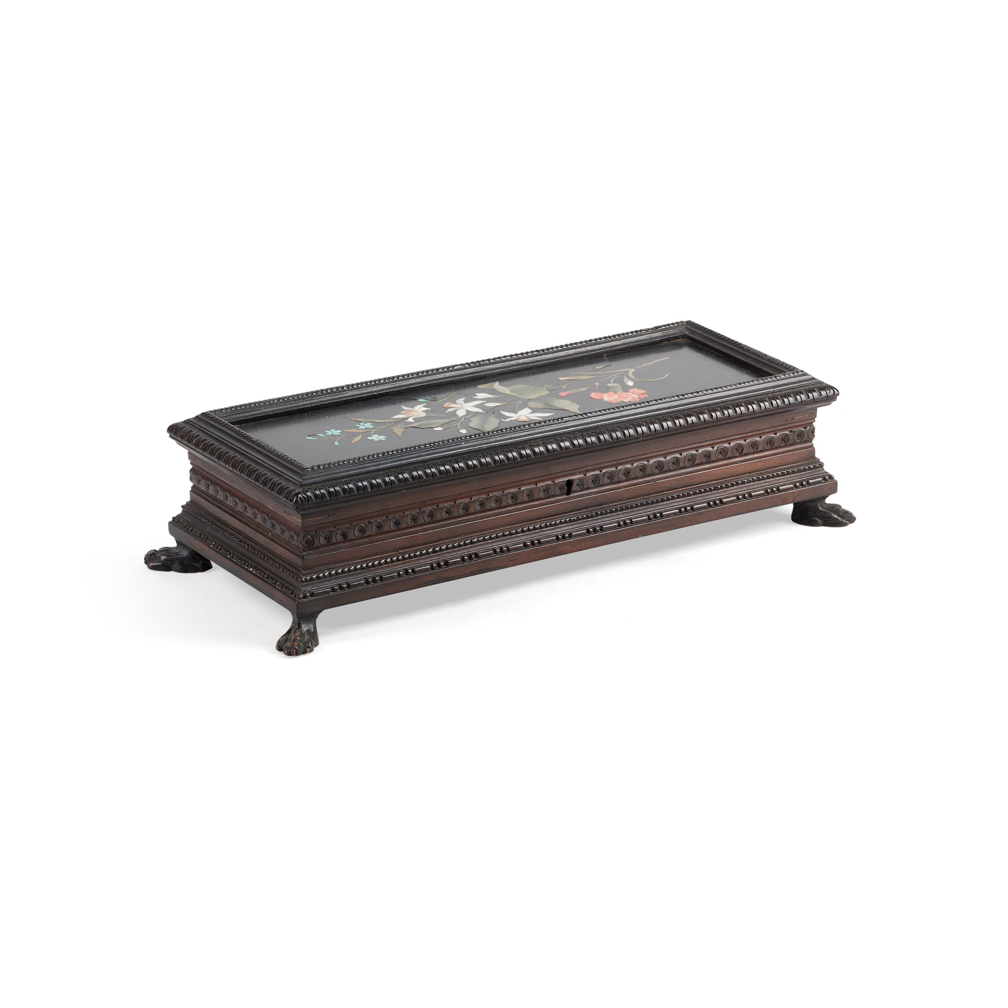 PIETRA DURA INSET EBONISED WOOD CASKET