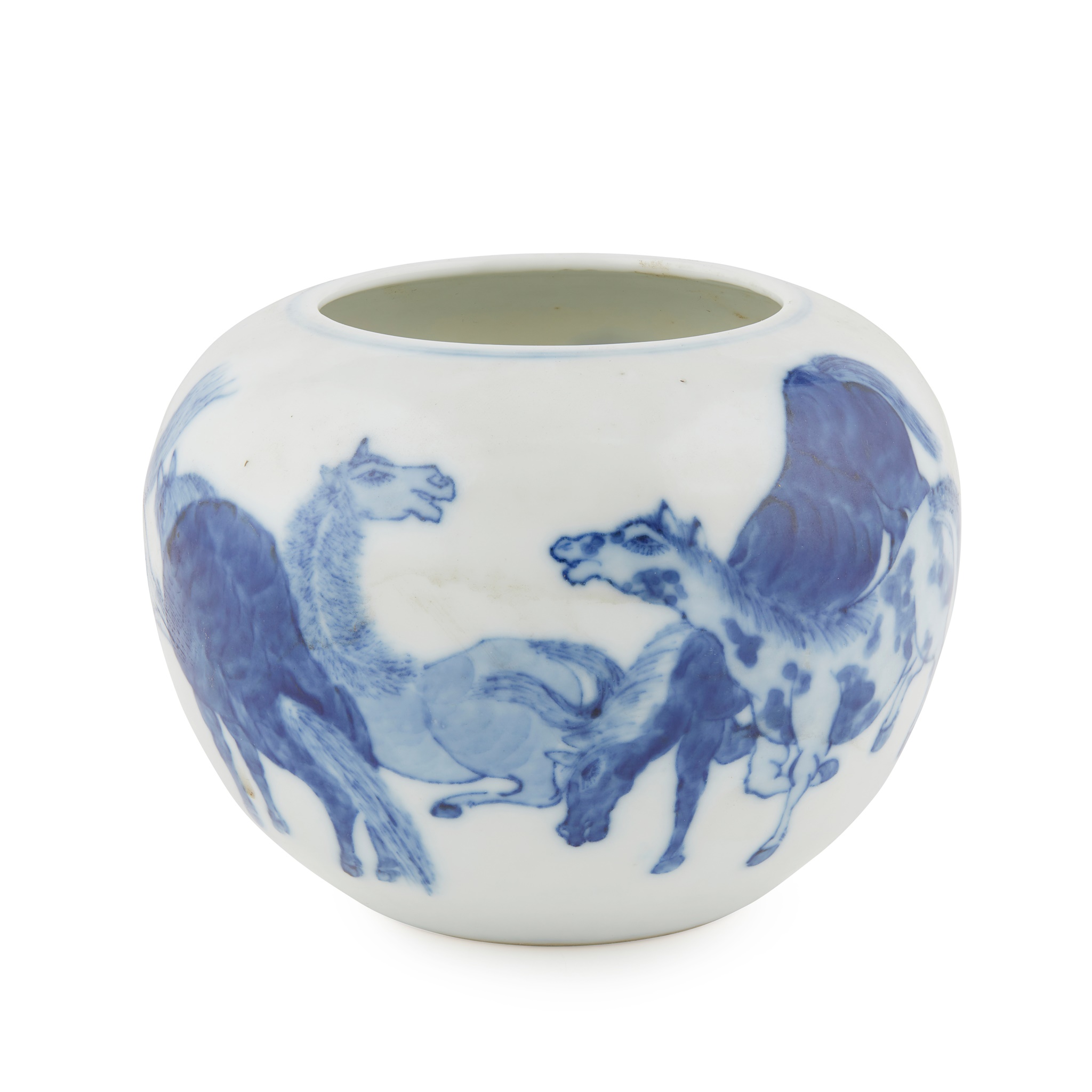 BLUE AND WHITE 'EIGHT HORSES' WATER POT