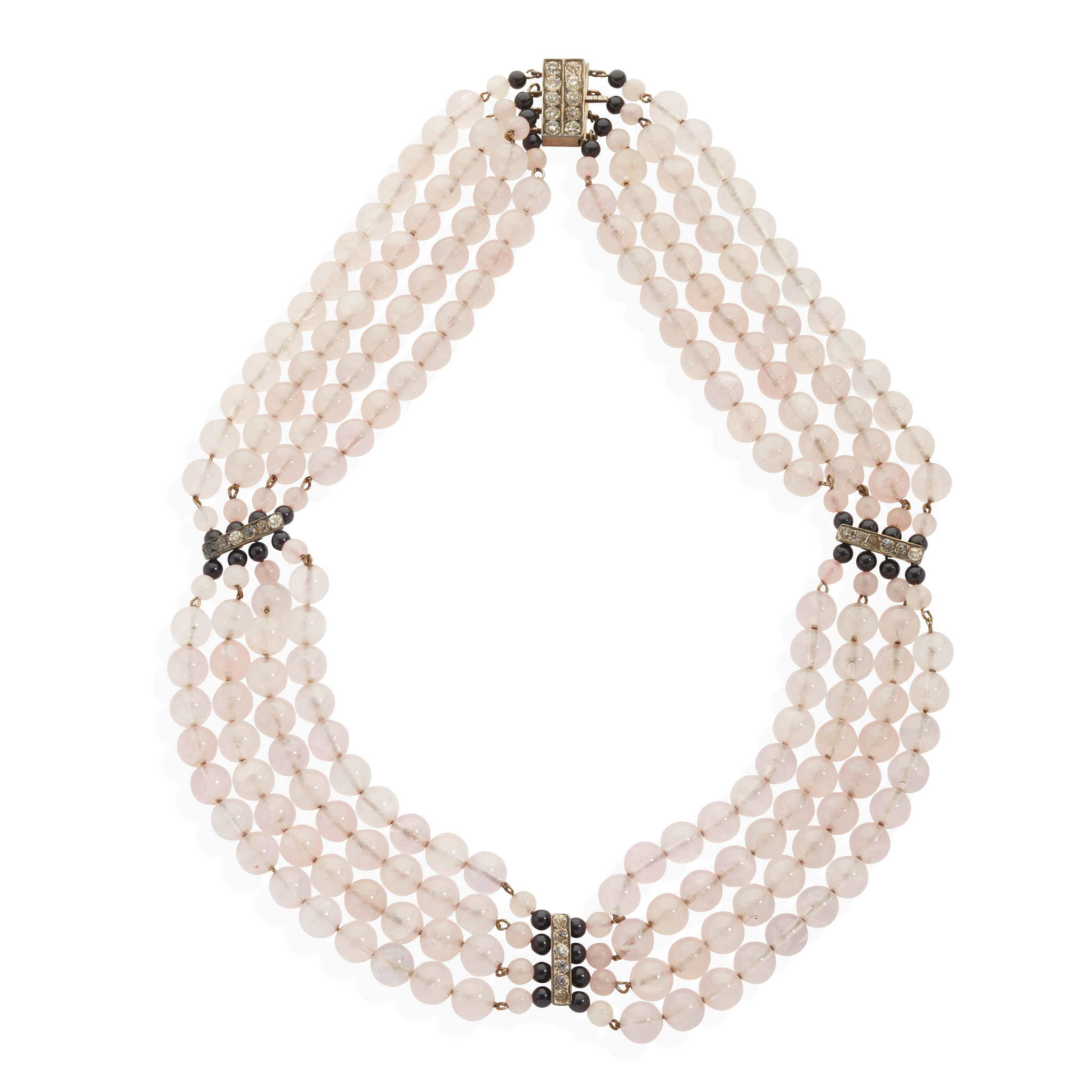 A 1920s rose quartz, onyx and paste necklace