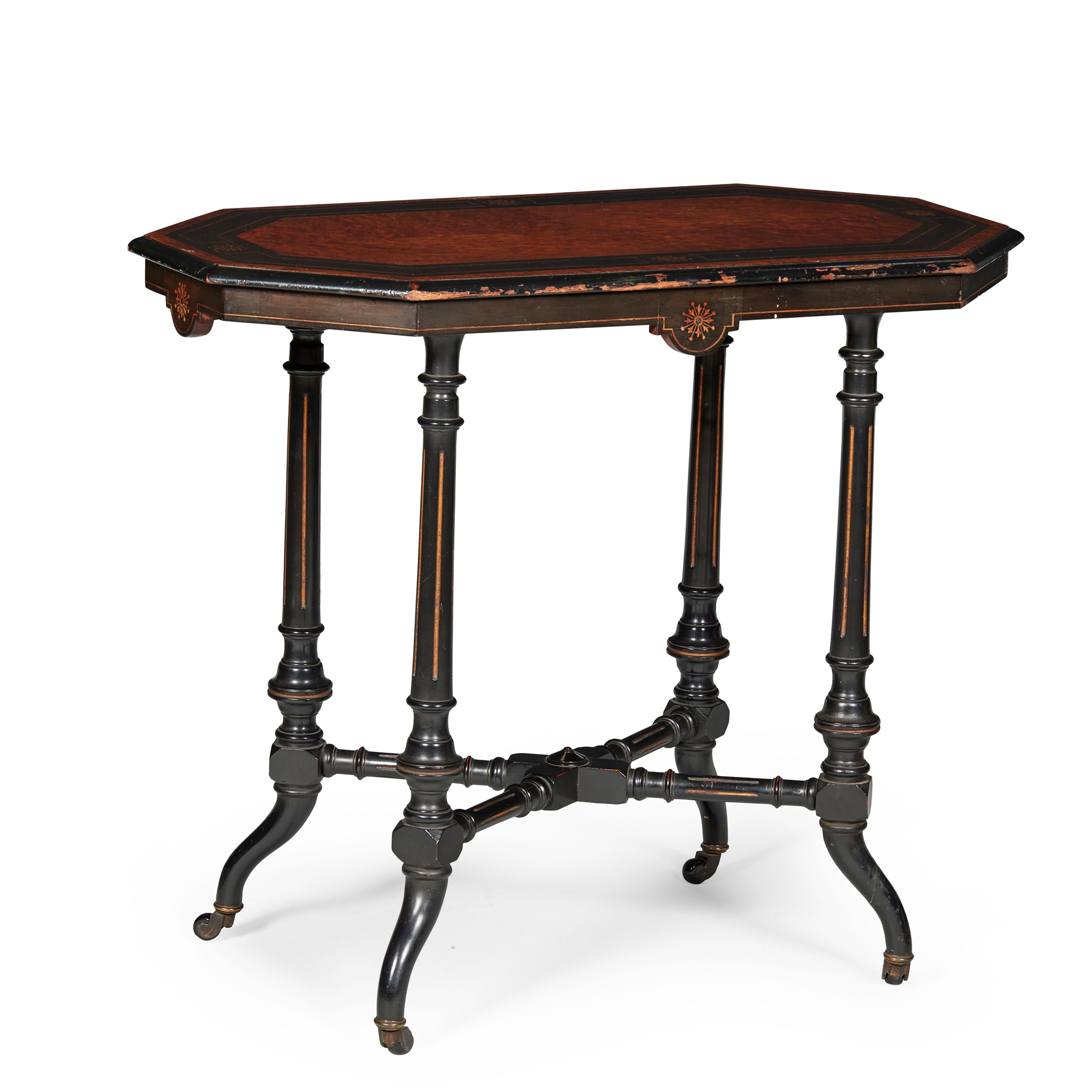 VICTORIAN AESTHETIC PERIOD AMBOYNA, FRUITWOOD, EBONISED AND PARCEL GILT OCCASIONAL TABLE