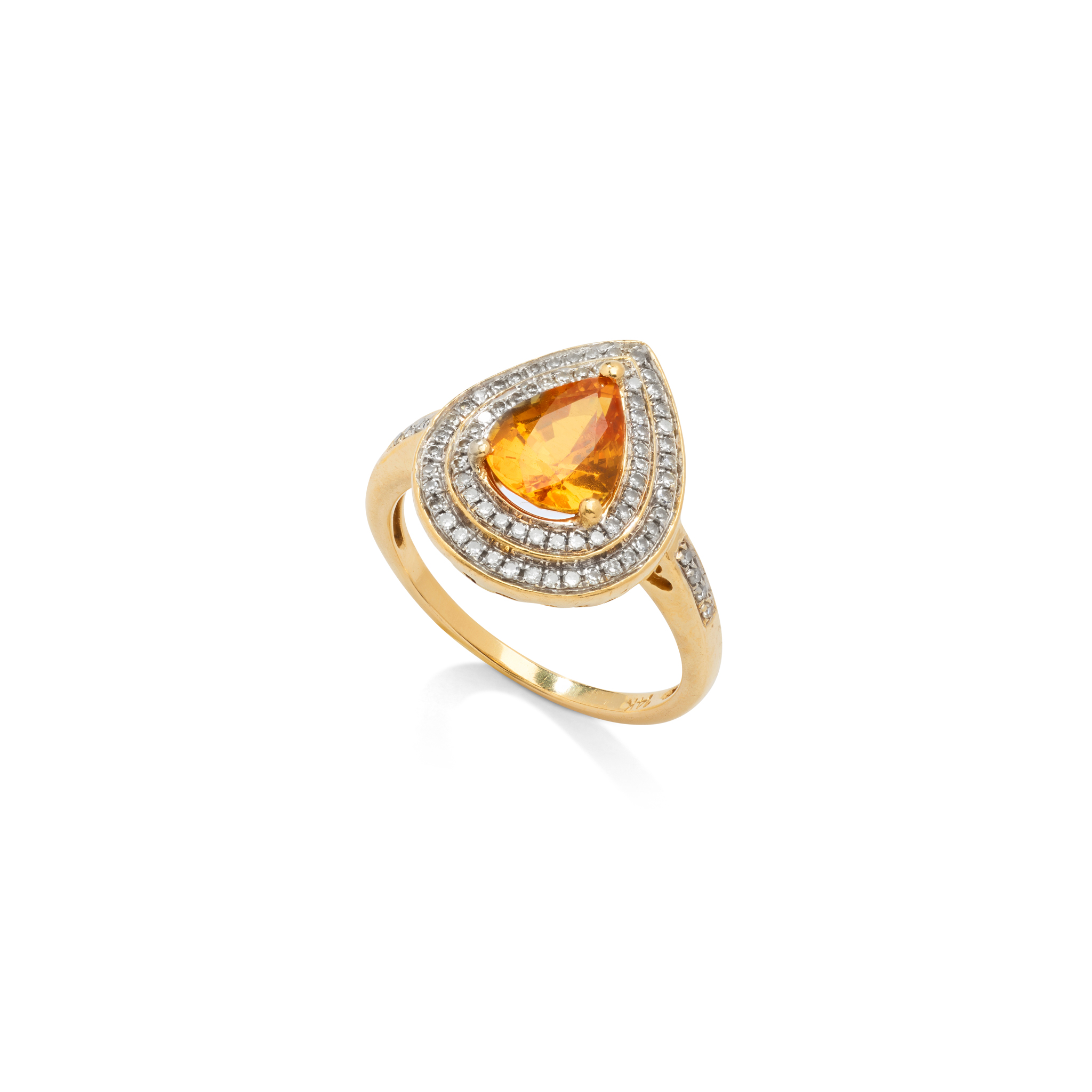An orange sapphire and diamond ring