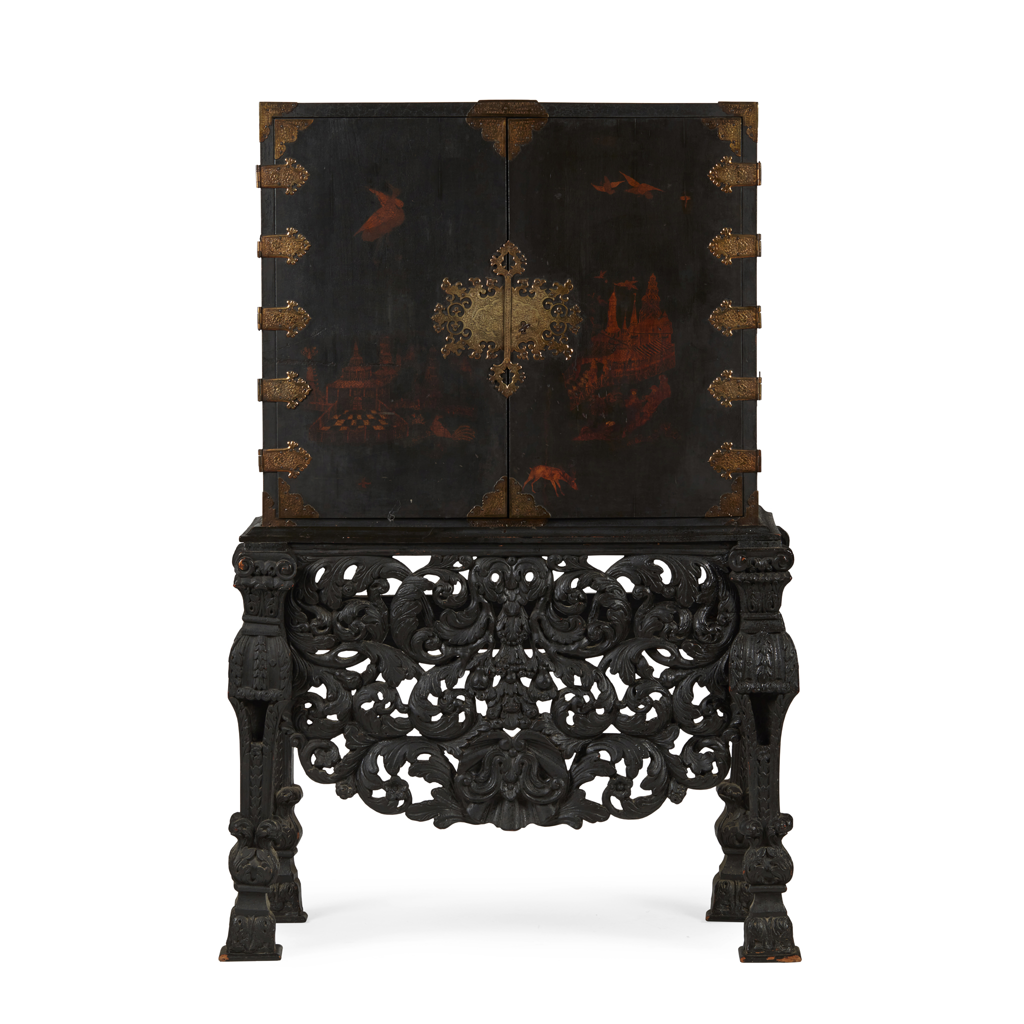 QUEEN ANNE BLACK JAPANNED AND GILT DECORATED CABINET-ON-STAND