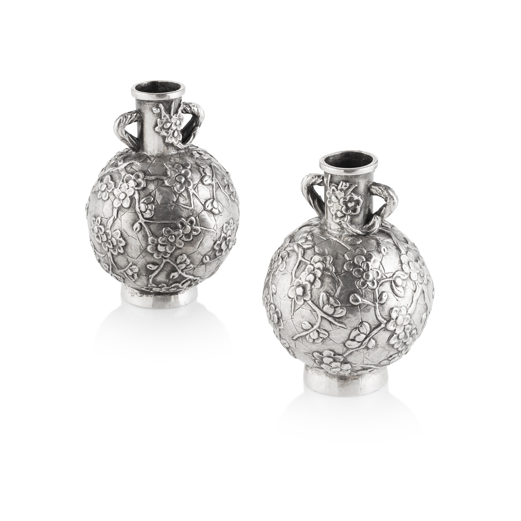 PAIR OF SMALL SILVER 'PRUNUS' VASES BY WANG HING