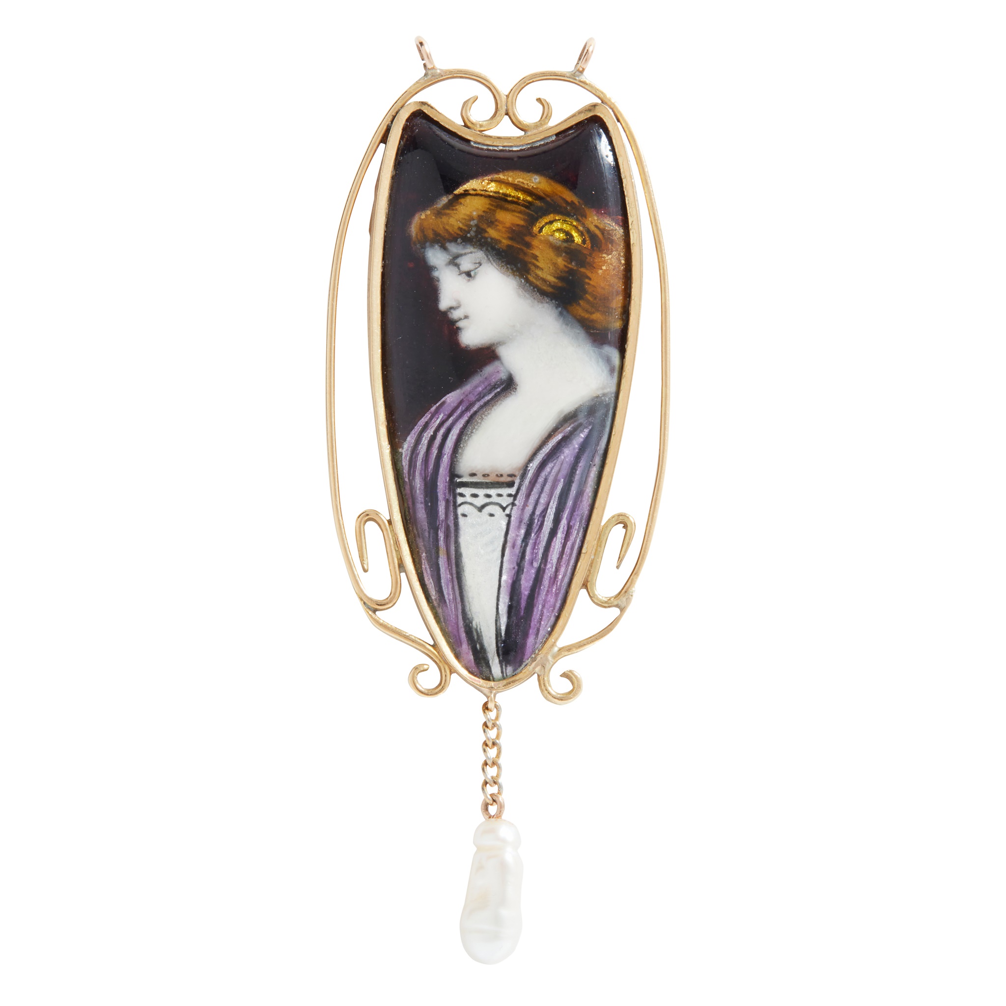 Jean Baptiste Issanchou for Limoges: An Art Nouveau enamel and pearl pendant