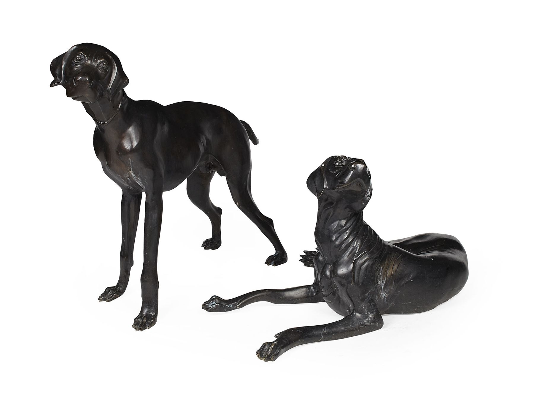TWO LARGE BRONZE FIGURES OF HOUNDS