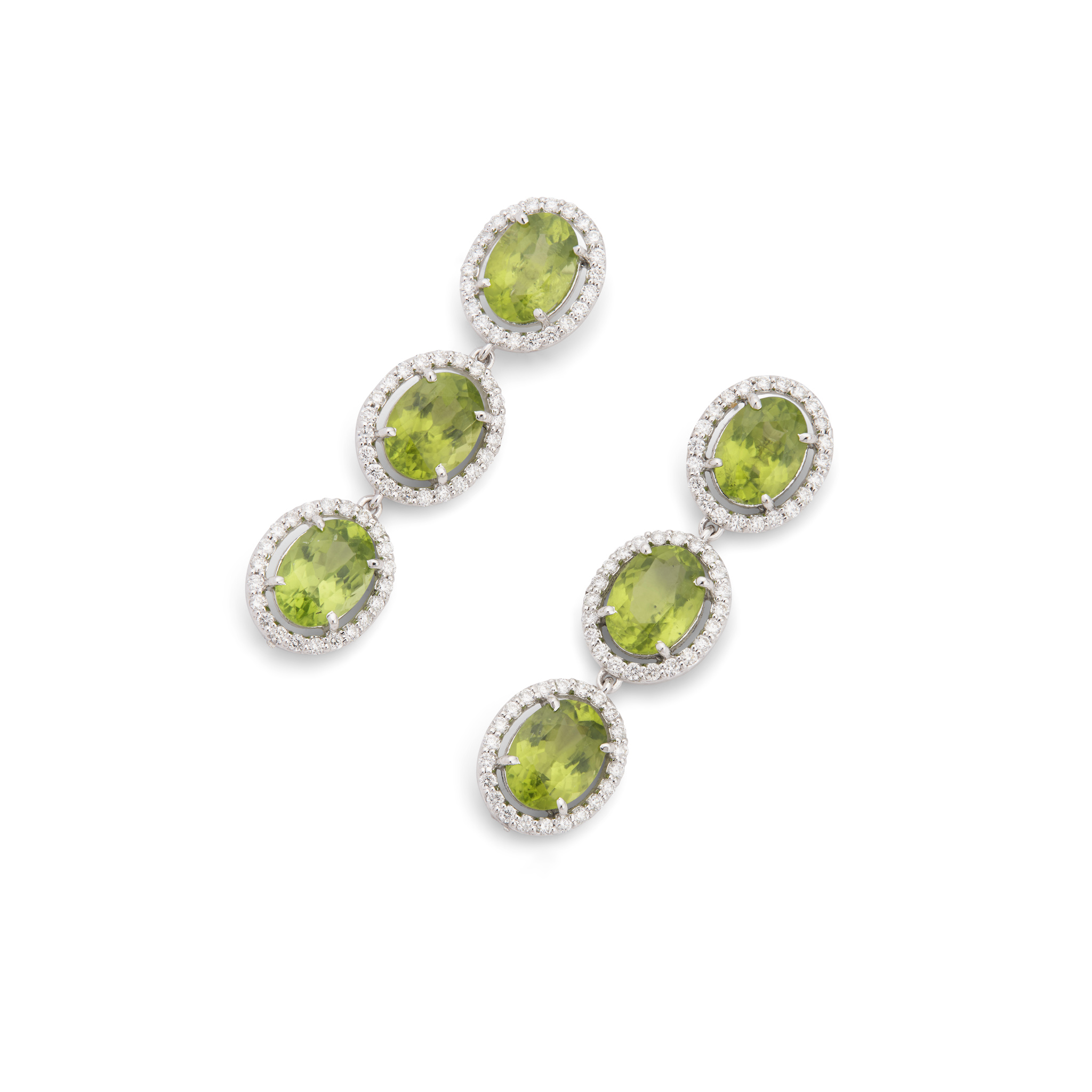 A pair of 18ct gold peridot and diamond pendent earrings
