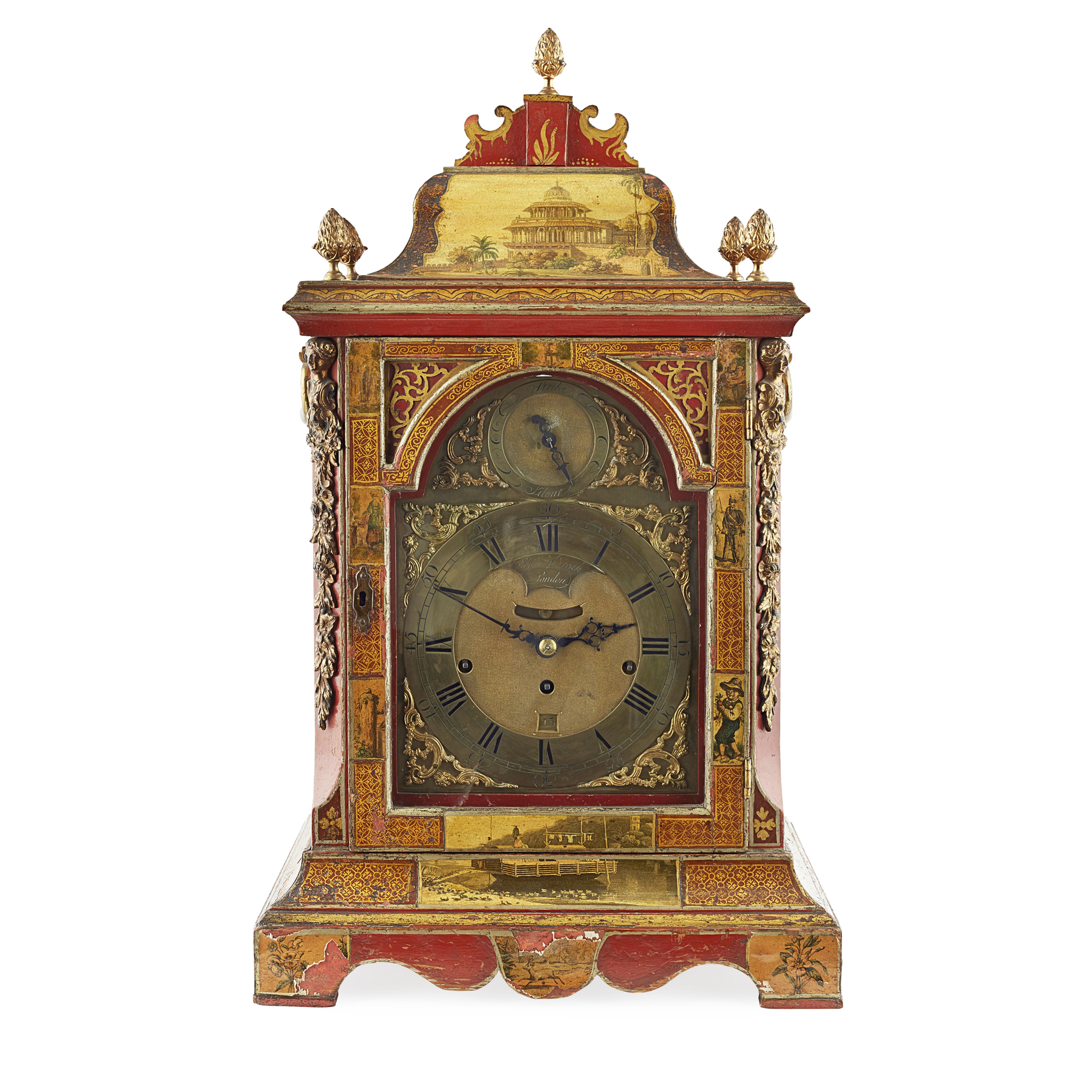 LATE GEORGE II RED JAPANNED CHIMING BRACKET CLOCK, WILLIAM CREAK, LONDON