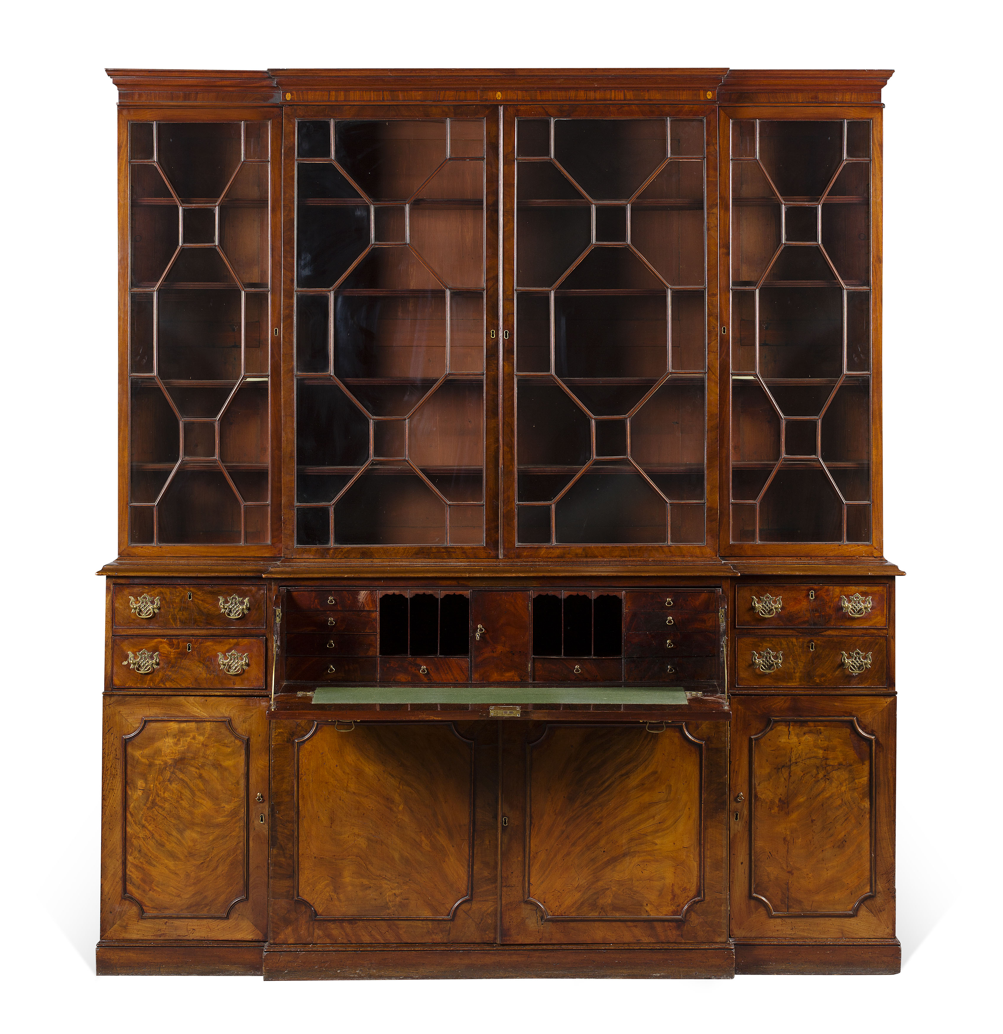 GEORGE III MAHOGANY BREAKFRONT SECRETAIRE BOOKCASE