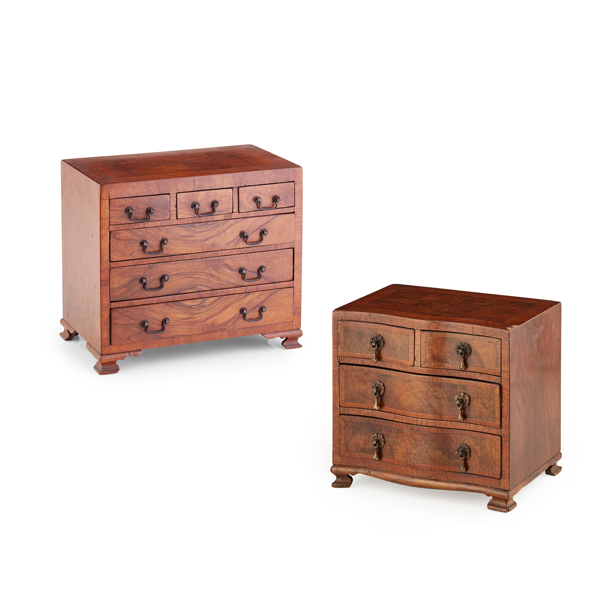 TWO MINIATURE WALNUT CHESTS OF DRAWERS
