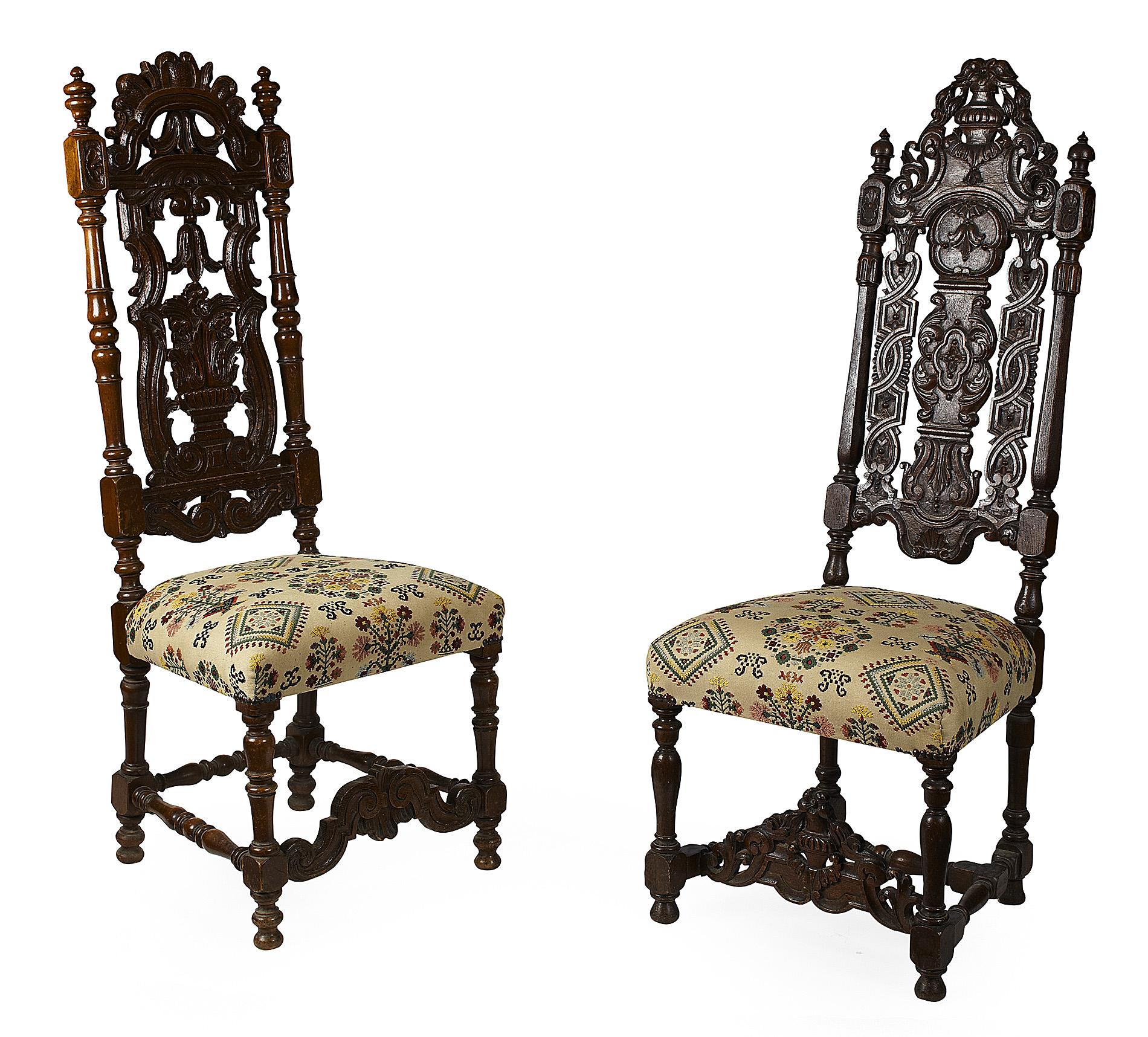 TWO VICTORIAN CARVED OAK HALL CHAIRS