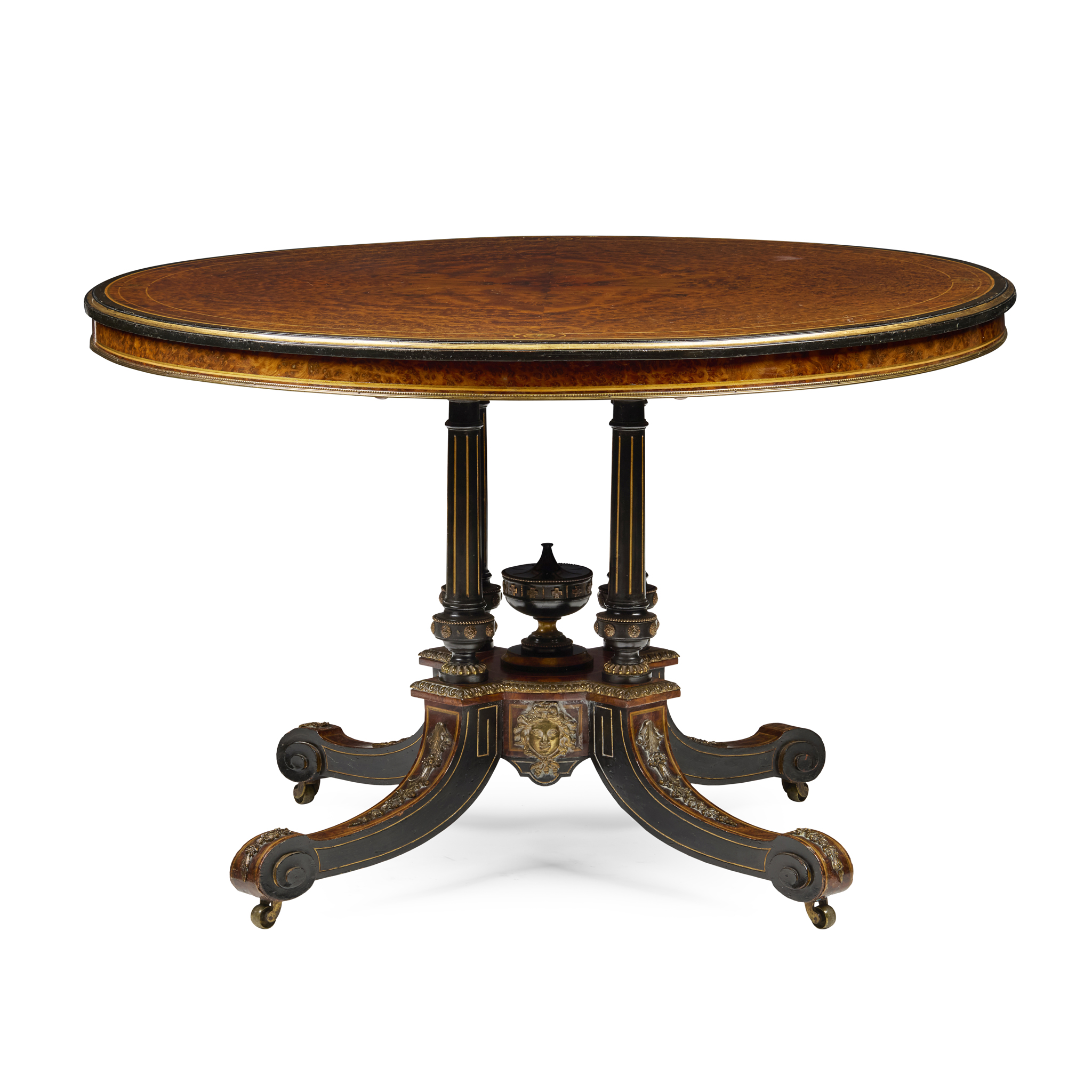 VICTORIAN AMBOYNA, EBONISED, PARCEL-GILT AND GILT METAL MOUNTED CENTRE TABLE