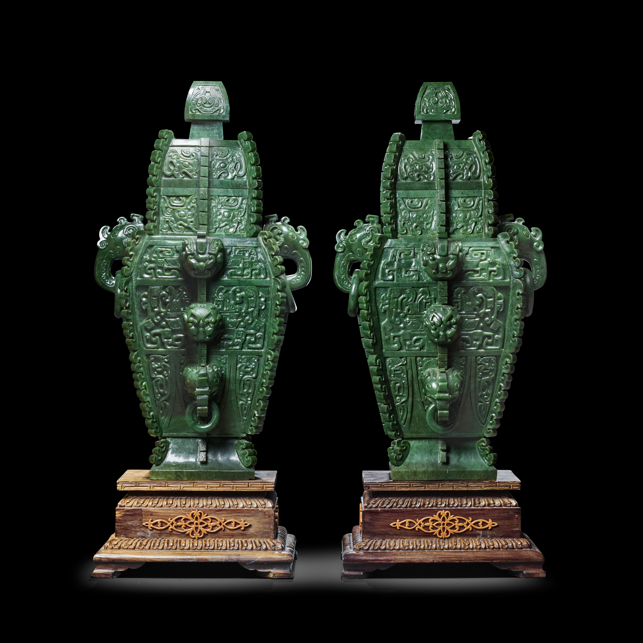 MASSIVE PAIR OF CHINESE SPINACH-GREEN-JADE ARCHAISTIC RITUAL WINE VESSELS WITH COVERS, FANG LEI