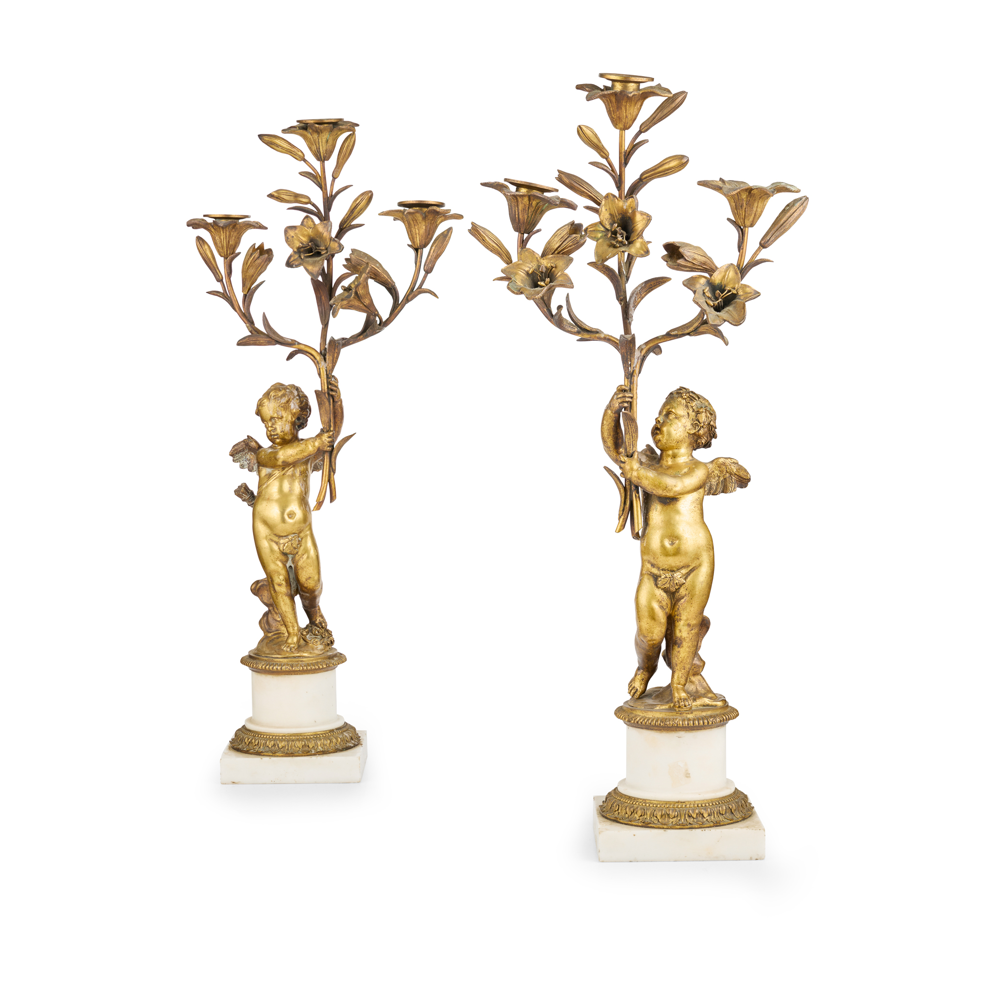 PAIR OF FRENCH GILT BRONZE AND WHITE MARBLE FIGURAL CANDELABRA
