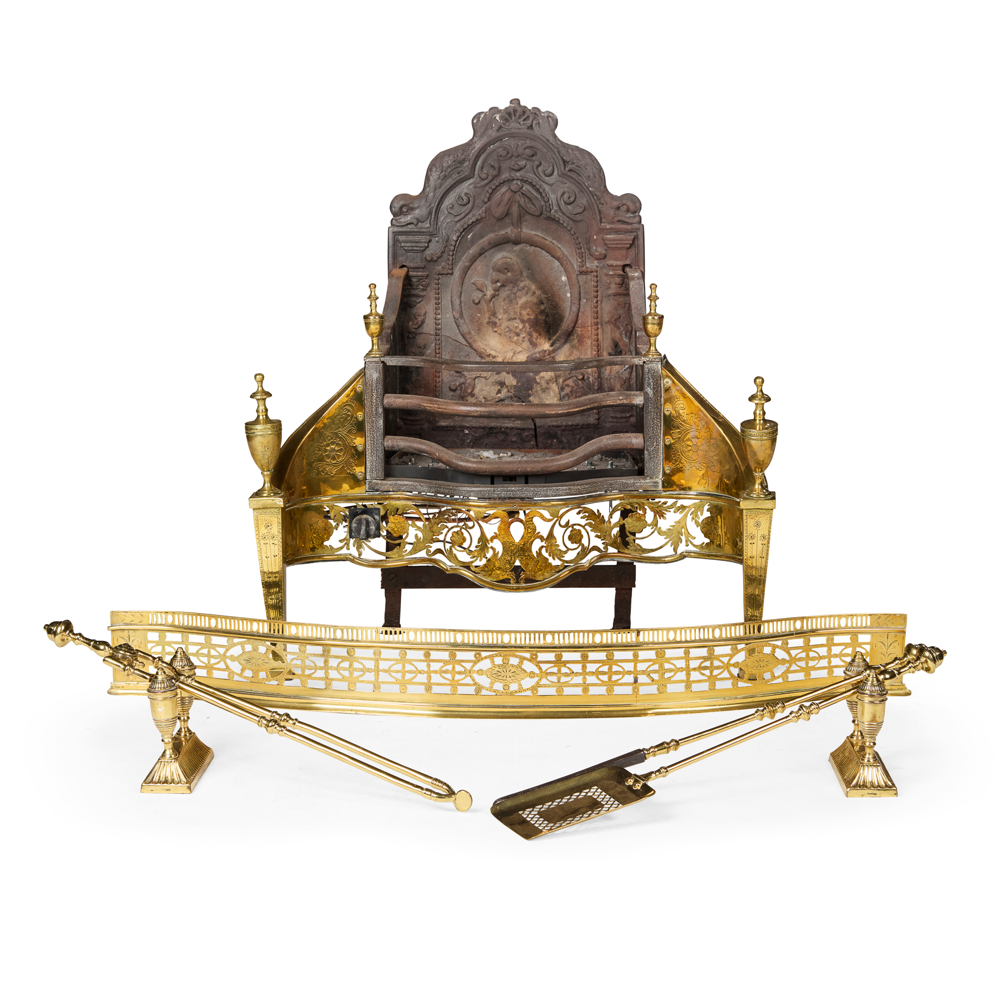 GEORGE III BRASS AND STEEL FIRE BASKET AND FURNITURE