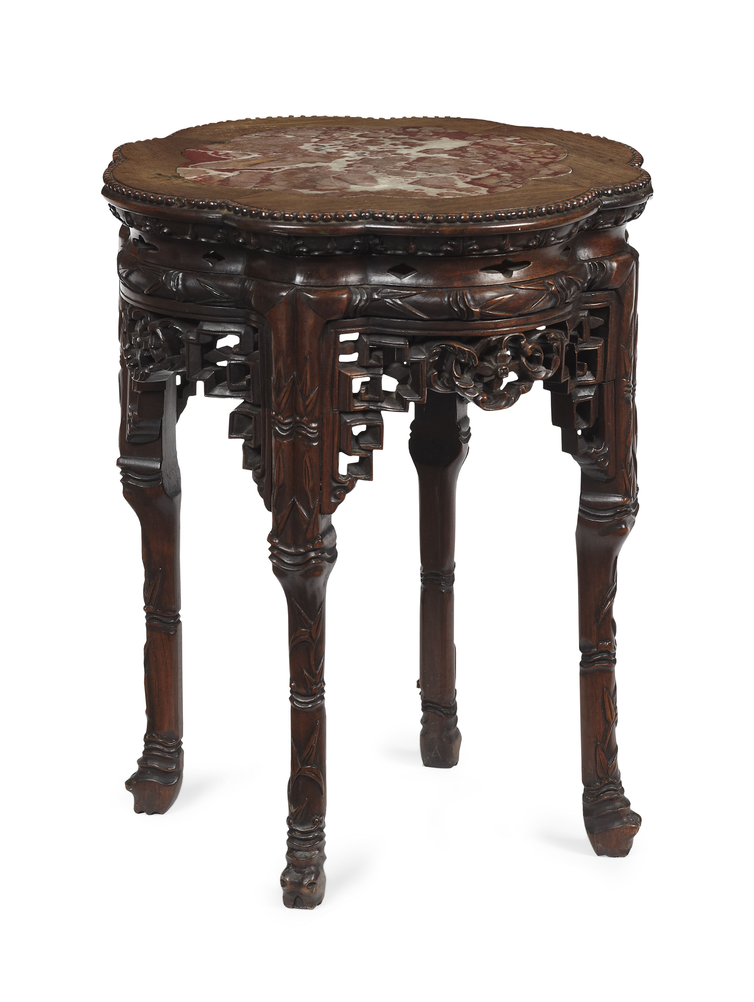 CHINESE CARVED HONGMU AND MARBLE TOP STOOL
