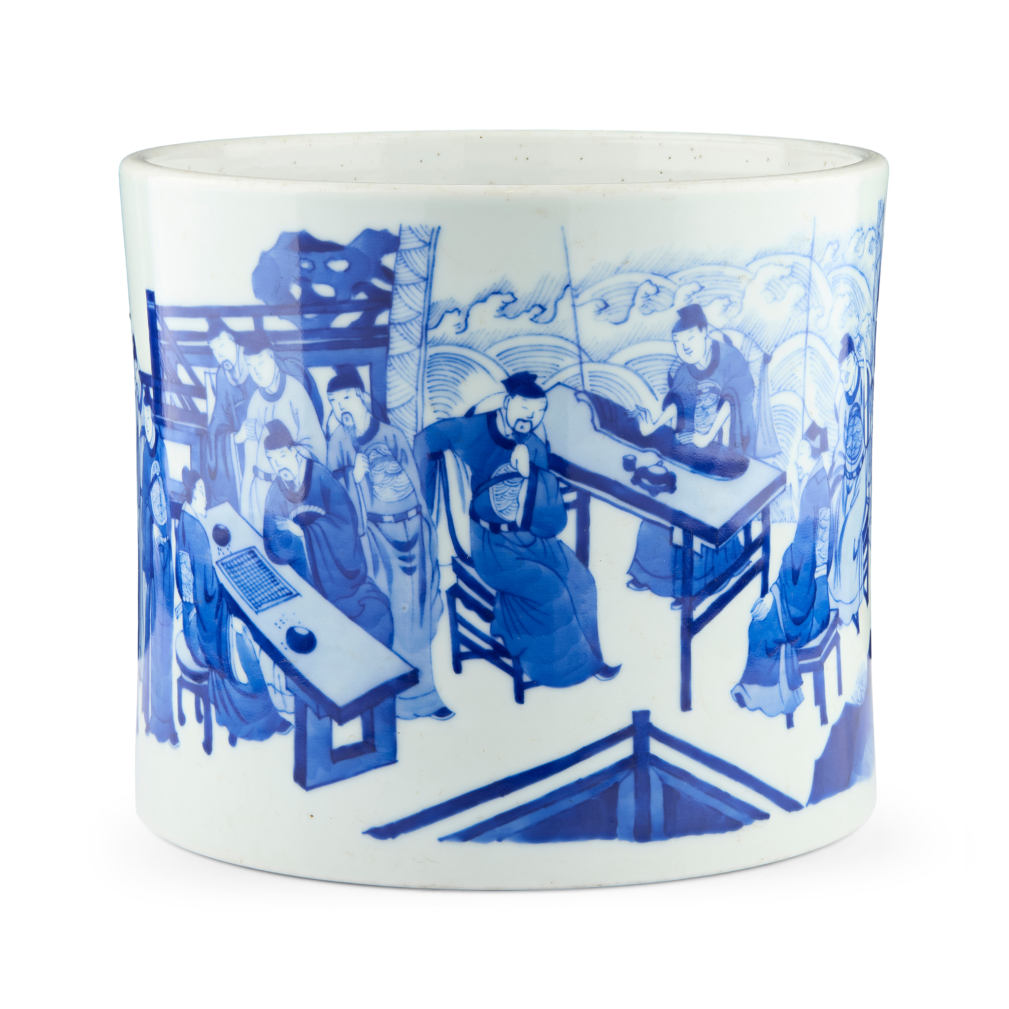 LARGE CHINESE BLUE AND WHITE 'LITERATI' BRUSH POT