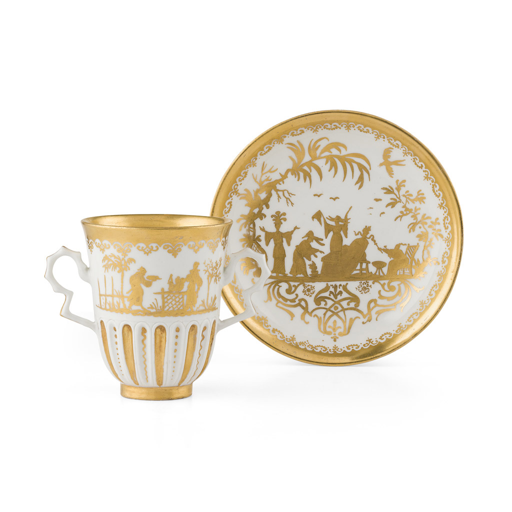 MEISSEN BÖTTGER 'HAUSMALER' PORCELAIN CHOCOLATE CUP AND SAUCER