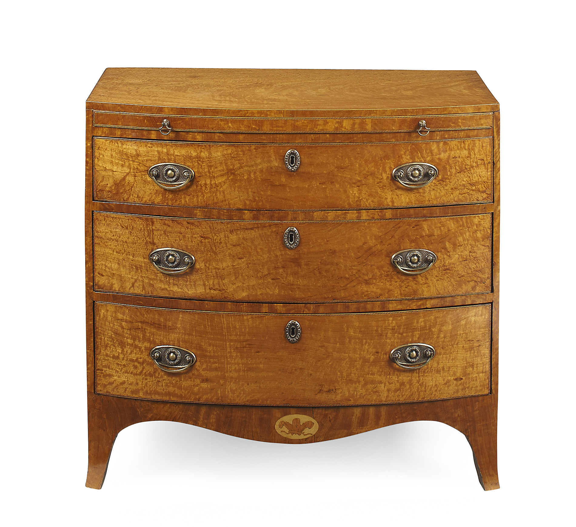 GOOD SHERATON BOWFRONT SATINWOOD AND INLAID CHEST OF DRAWERS