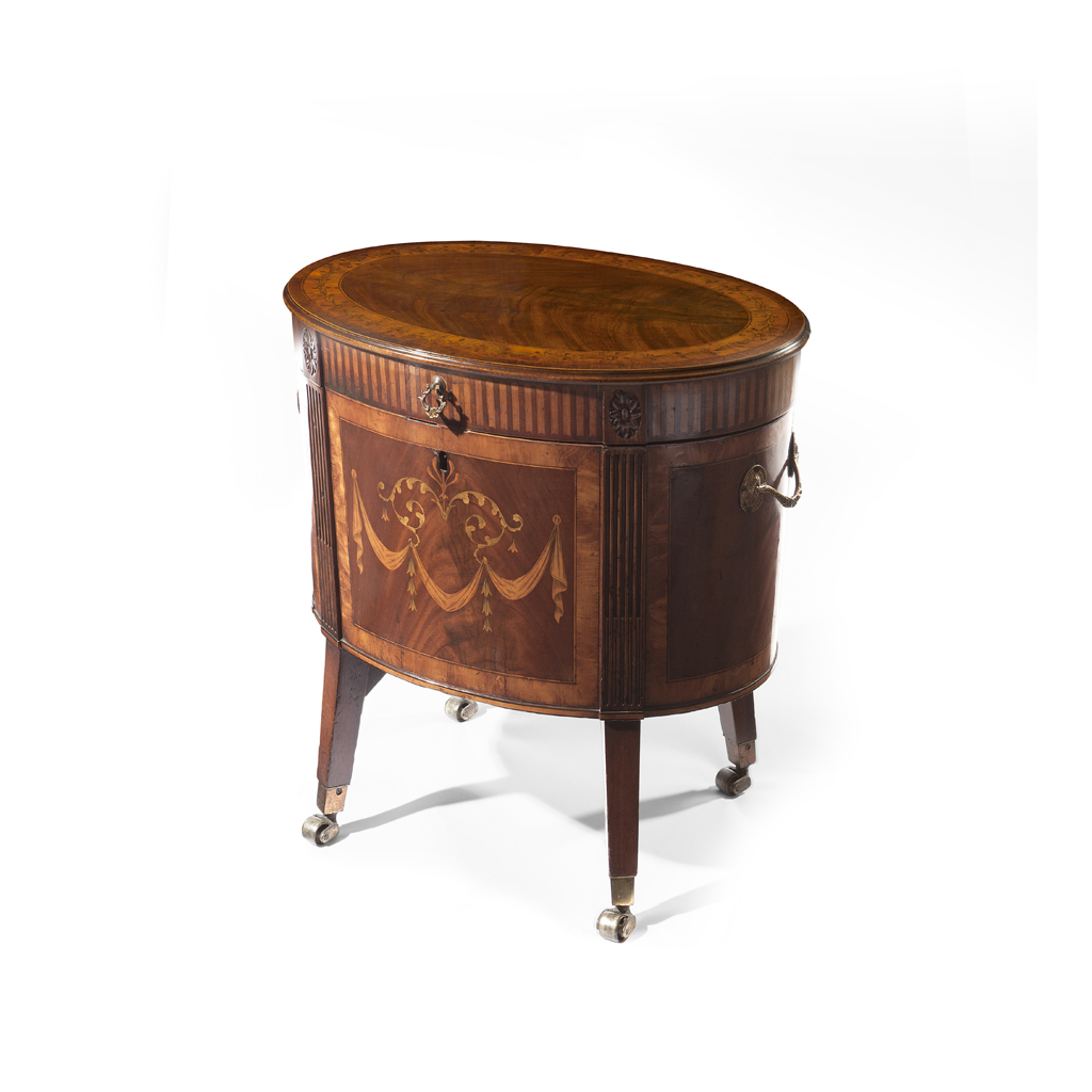 A GEORGE III MAHOGANY, SATINWOOD AND MARQUETRY INLAID WINE COOLER