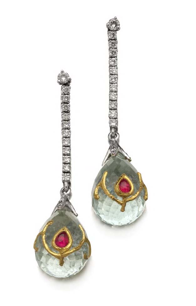 A pair of aquamarine, diamond and ruby pendant earrings,